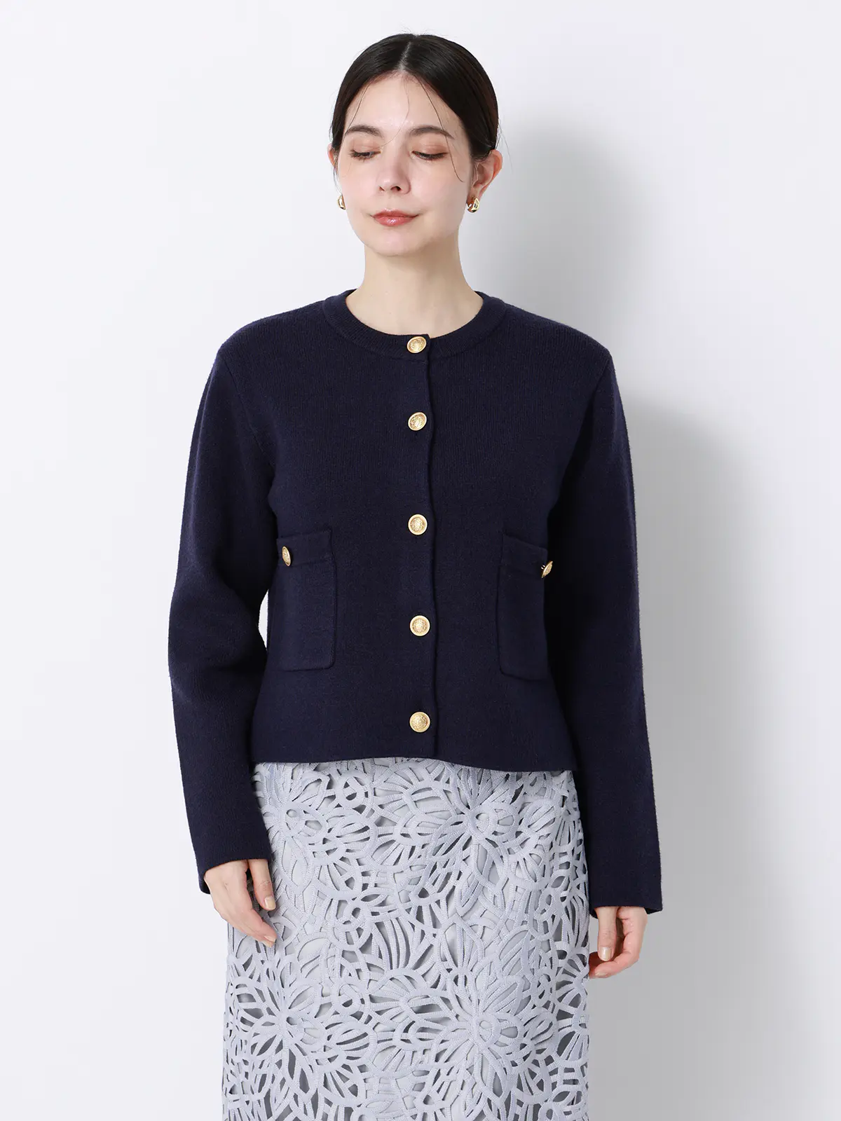 ダブルフェイスニットジャケット/ウォッシャブル/無地/メタルボタン/anysy ネイビー F