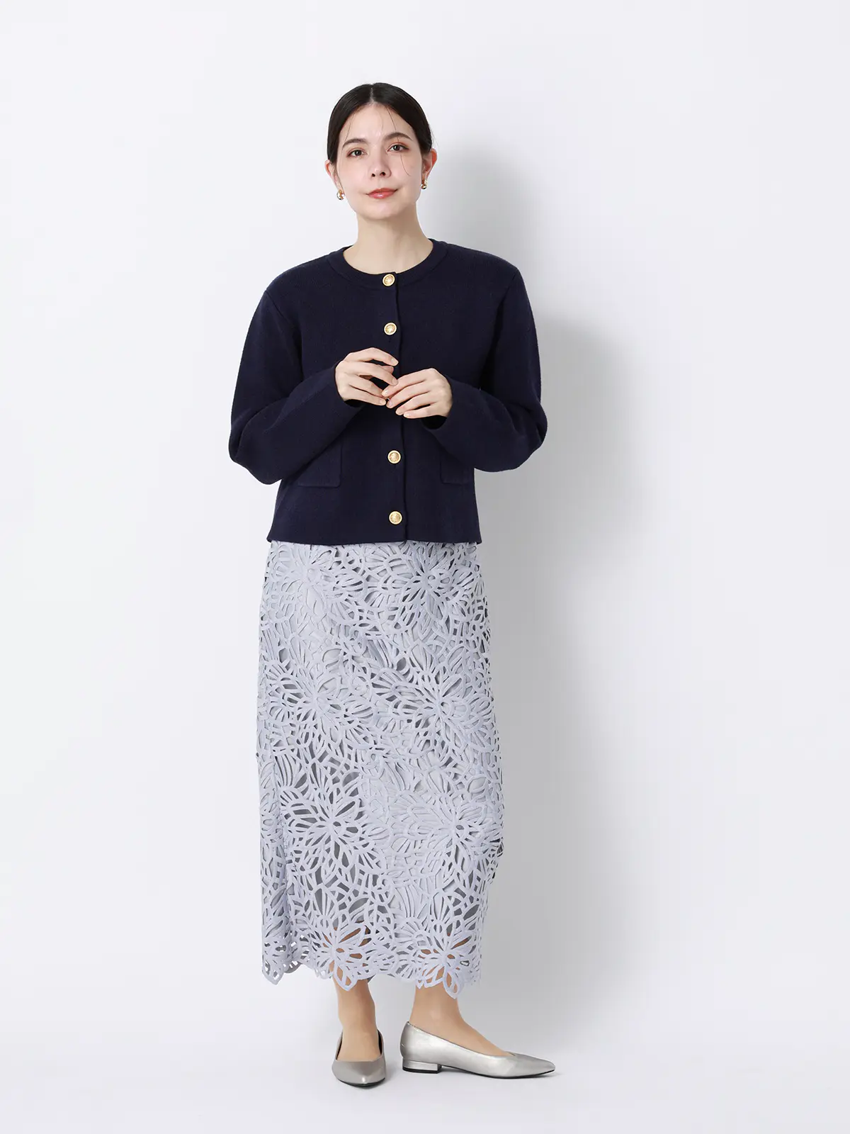 ダブルフェイスニットジャケット/ウォッシャブル/無地/メタルボタン/anysy ネイビー F