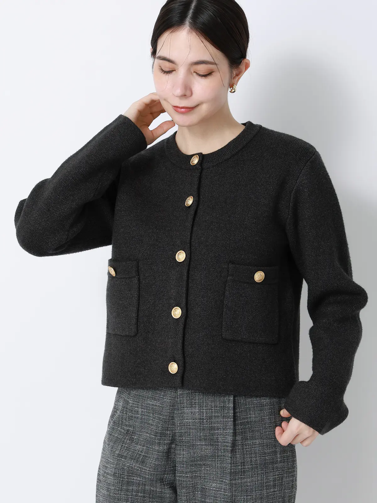 ダブルフェイスニットジャケット／ウォッシャブル／無地／メタルボタン／anysy チャコール F