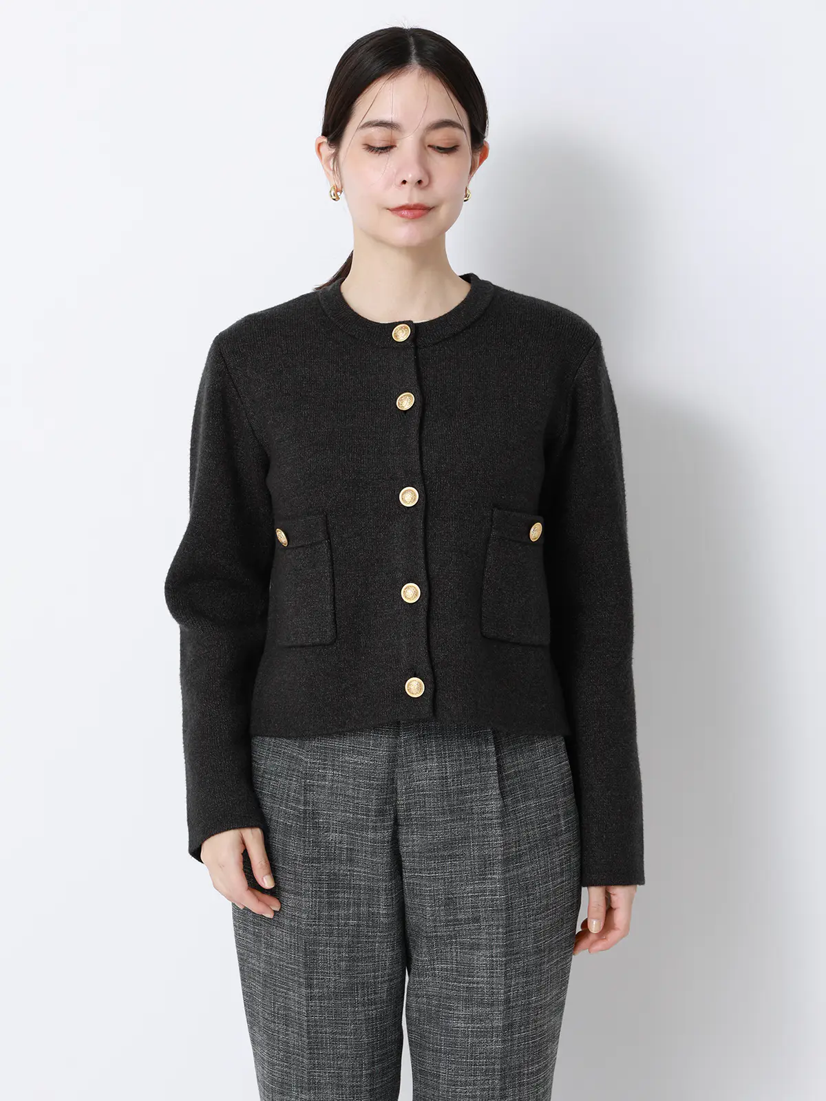 ダブルフェイスニットジャケット／ウォッシャブル／無地／メタルボタン／anysy チャコール F