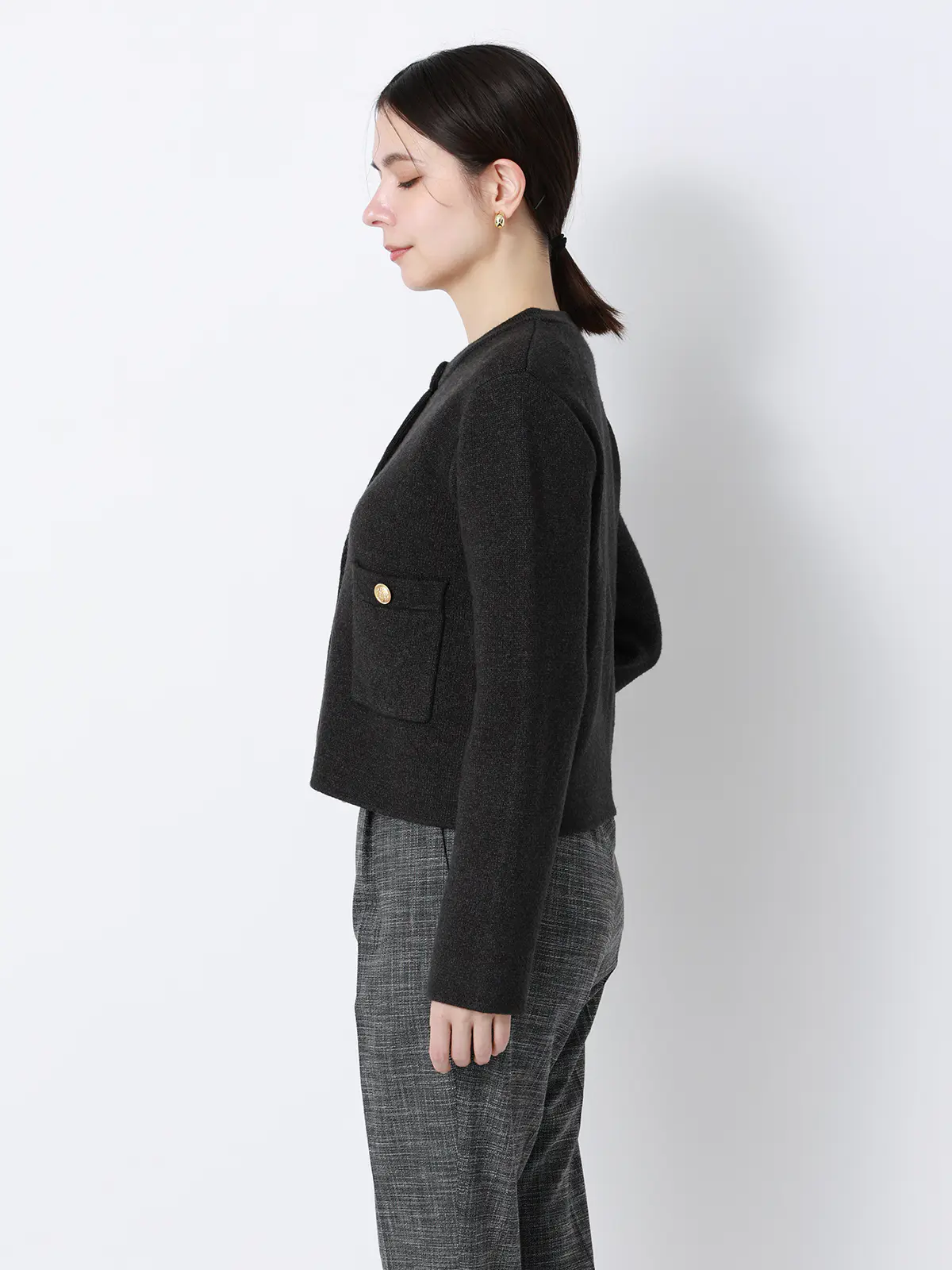 ダブルフェイスニットジャケット／ウォッシャブル／無地／メタルボタン／anysy チャコール F