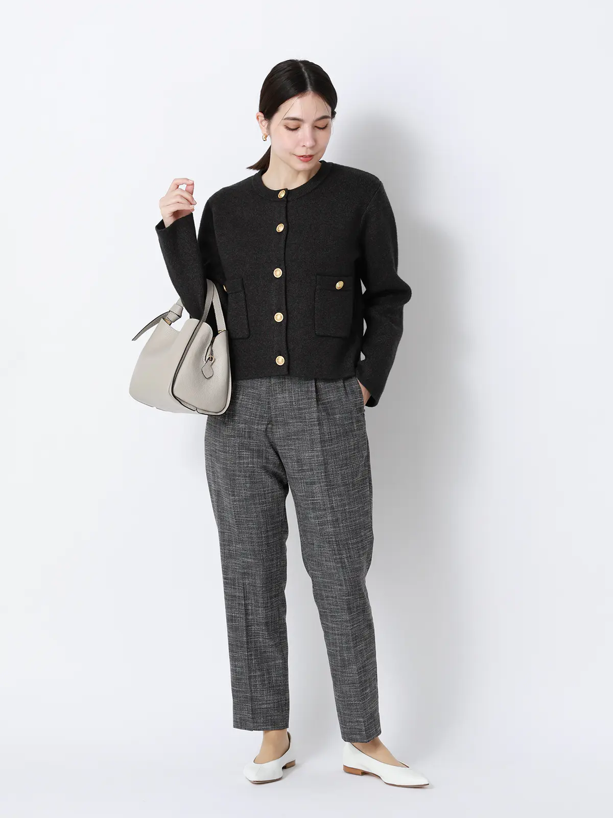 ダブルフェイスニットジャケット／ウォッシャブル／無地／メタルボタン／anysy チャコール F