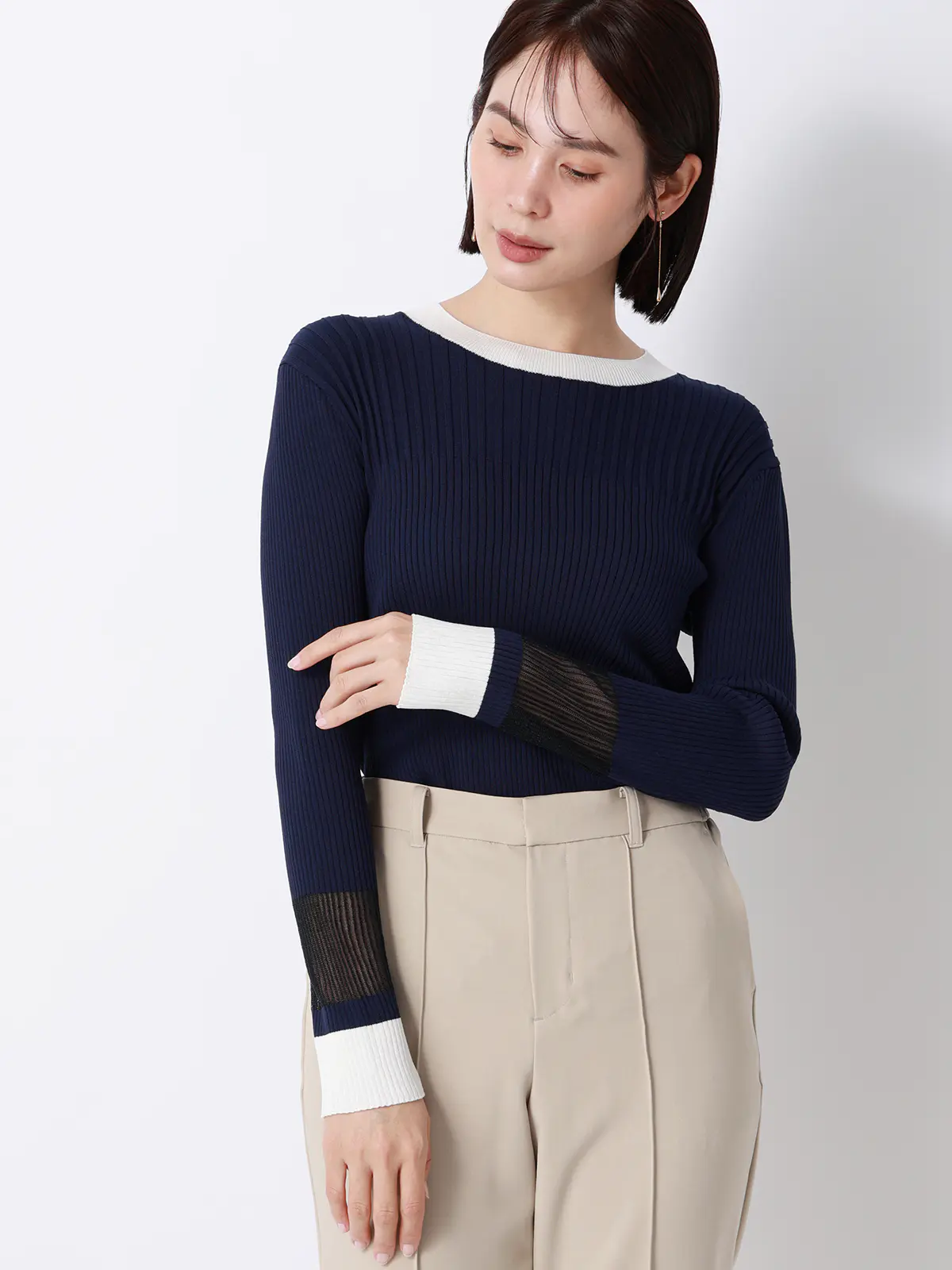 CHANTOWA／配色リブニット／長袖／ハンドウォッシュ／ドライレーヨン／無地 ネイビー F