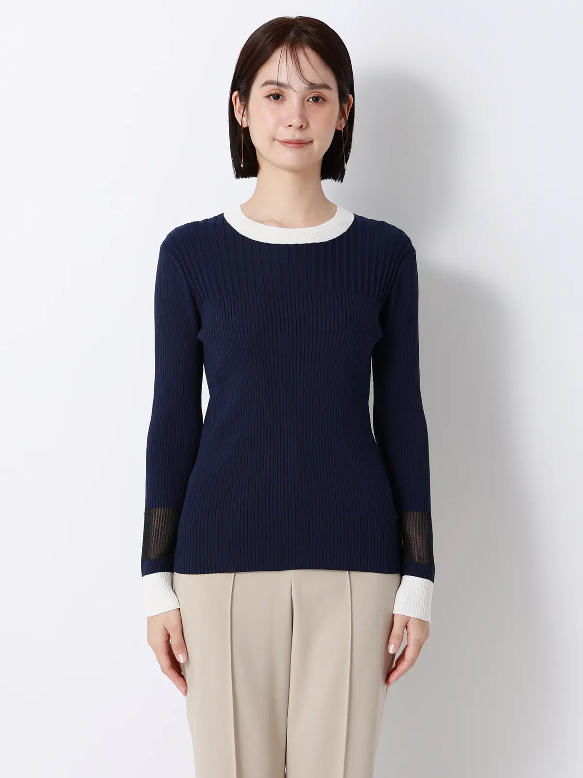 CHANTOWA／配色リブニット／長袖／ハンドウォッシュ／ドライレーヨン／無地 ネイビー F