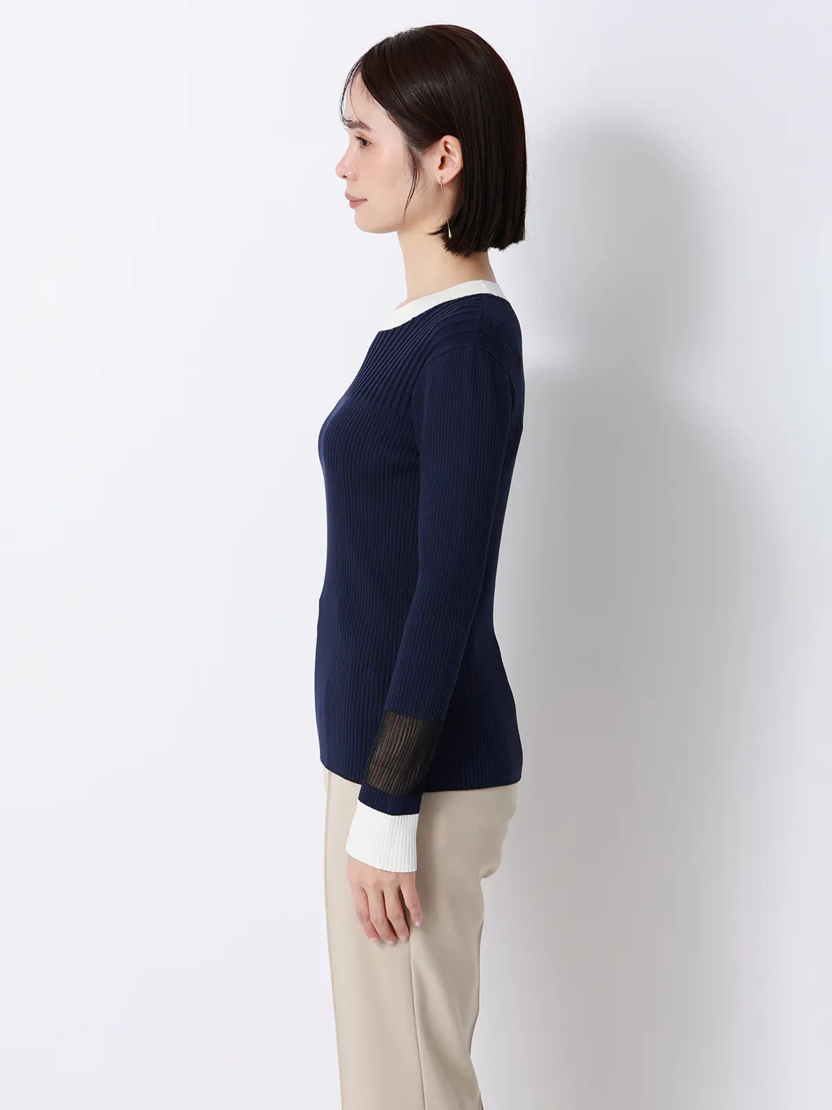 CHANTOWA／配色リブニット／長袖／ハンドウォッシュ／ドライレーヨン／無地 ネイビー F