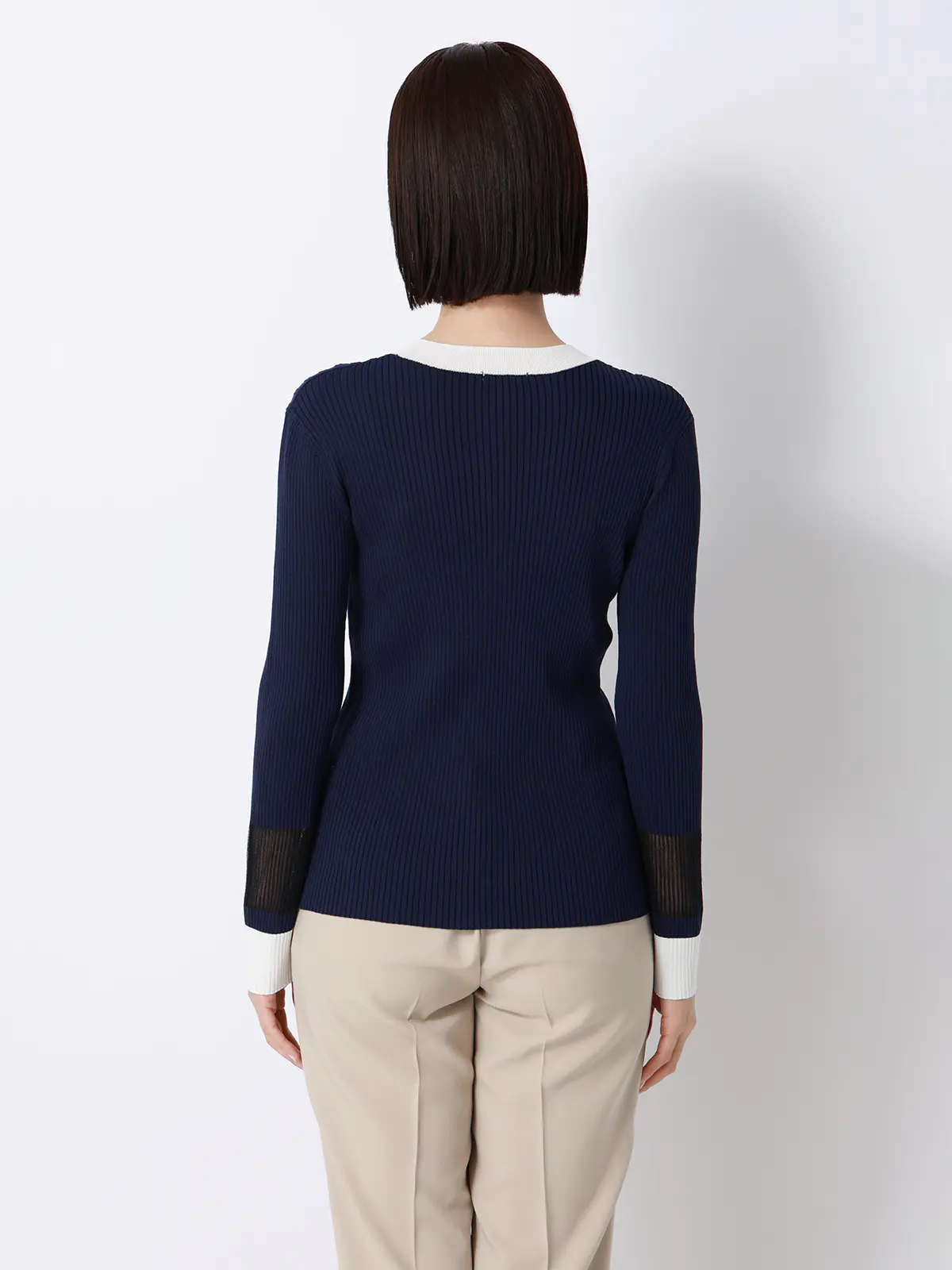 CHANTOWA／配色リブニット／長袖／ハンドウォッシュ／ドライレーヨン／無地 ネイビー F