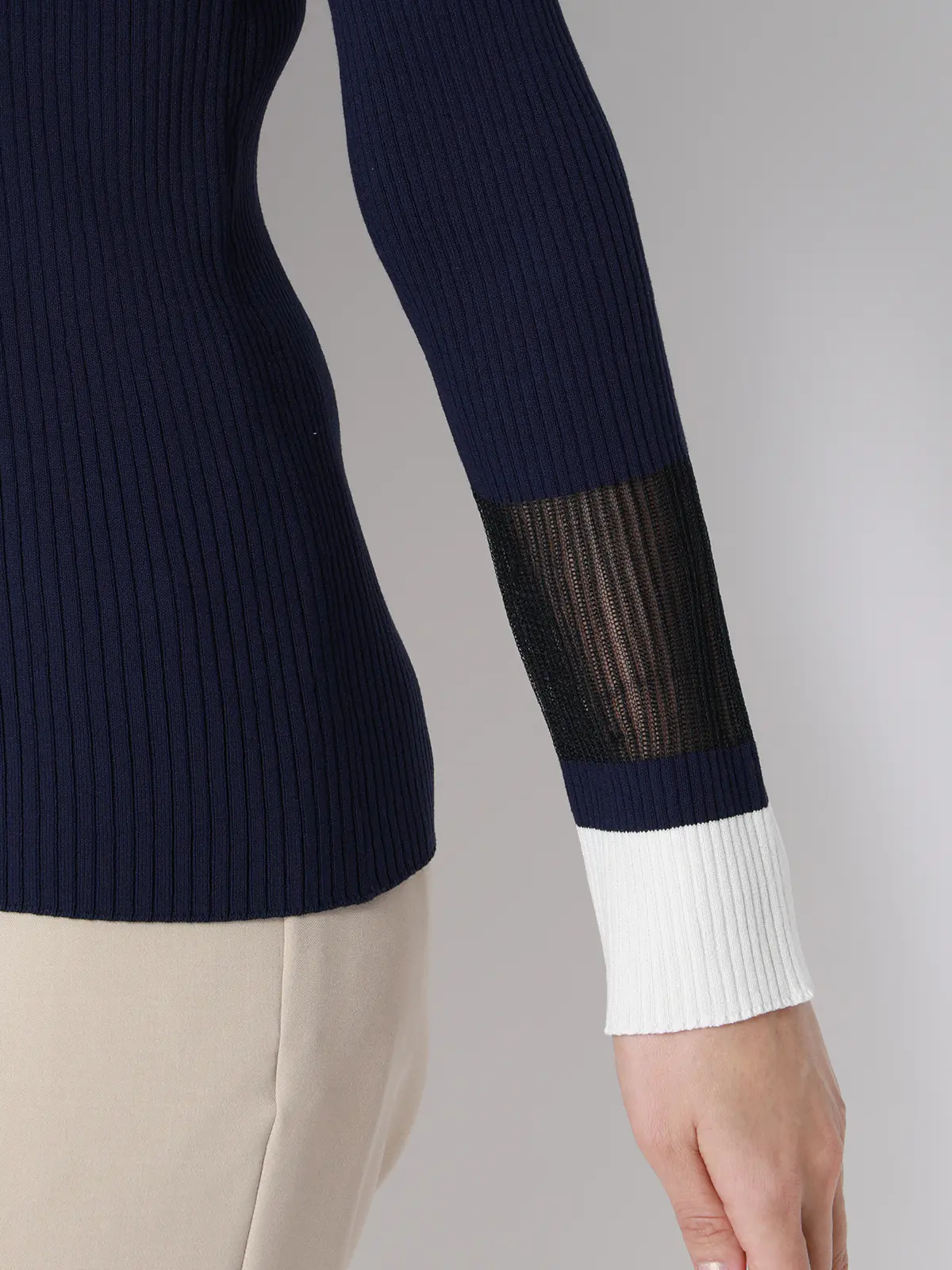 CHANTOWA／配色リブニット／長袖／ハンドウォッシュ／ドライレーヨン／無地 ネイビー F