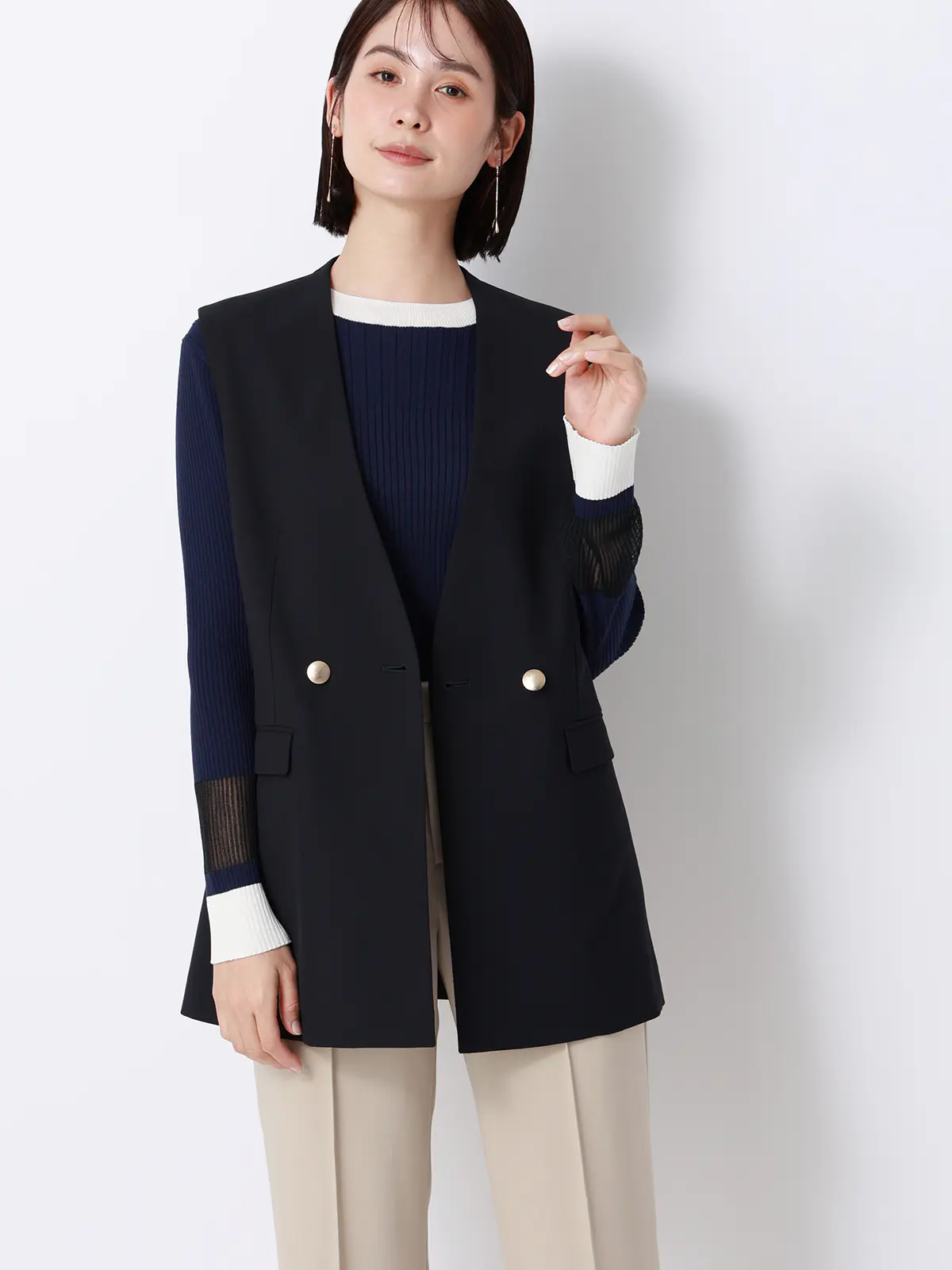 CHANTOWA／配色リブニット／長袖／ハンドウォッシュ／ドライレーヨン／無地 ネイビー F