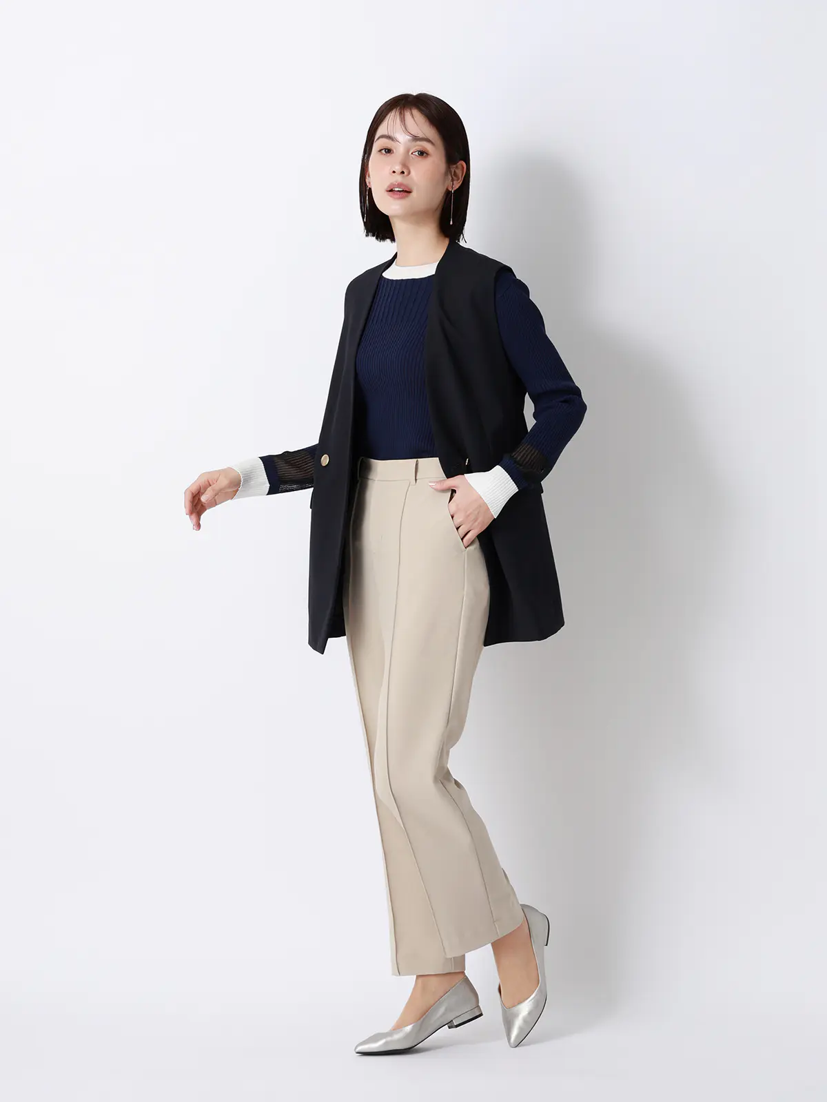 CHANTOWA／配色リブニット／長袖／ハンドウォッシュ／ドライレーヨン／無地 ネイビー F