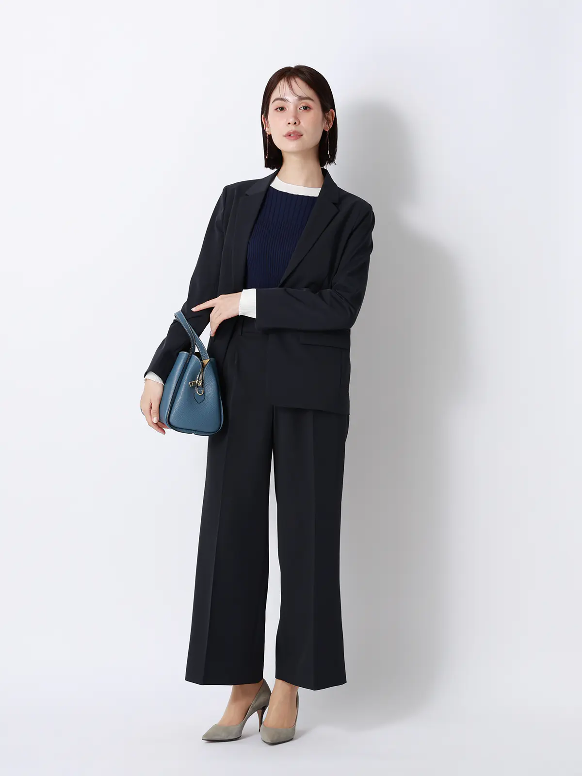 CHANTOWA／配色リブニット／長袖／ハンドウォッシュ／ドライレーヨン／無地 ネイビー F