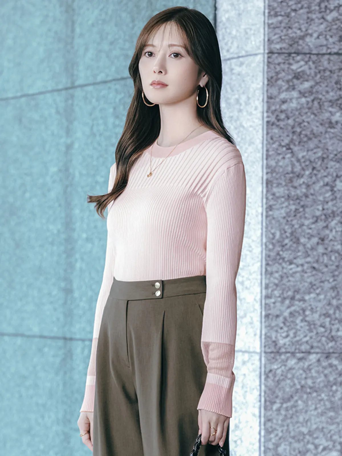 CHANTOWA／配色リブニット／長袖／ハンドウォッシュ／ドライレーヨン／無地 ピンク F