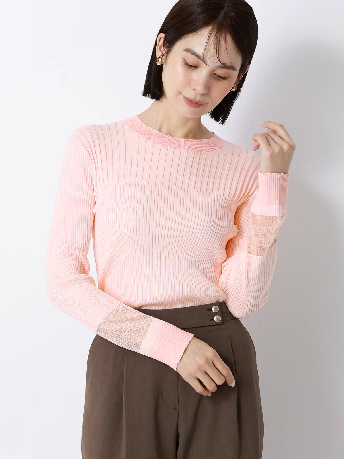 CHANTOWA／配色リブニット／長袖／ハンドウォッシュ／ドライレーヨン／無地 ピンク F