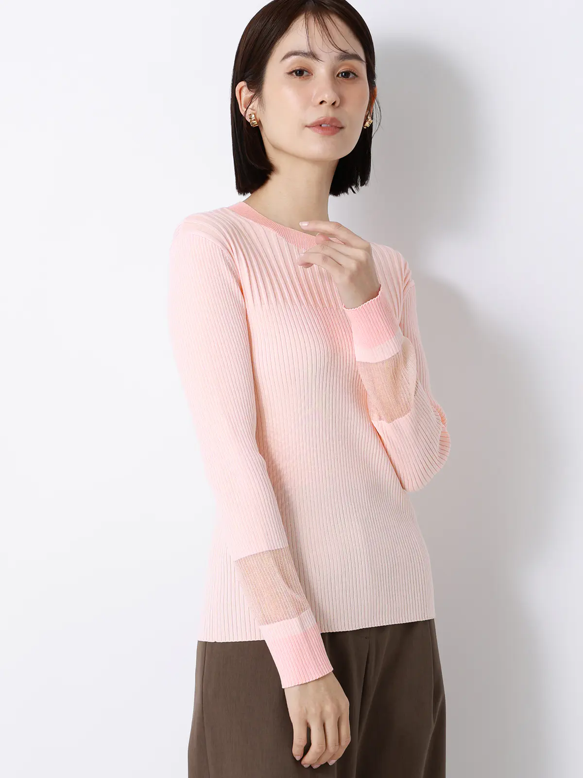 CHANTOWA／配色リブニット／長袖／ハンドウォッシュ／ドライレーヨン／無地 ピンク F