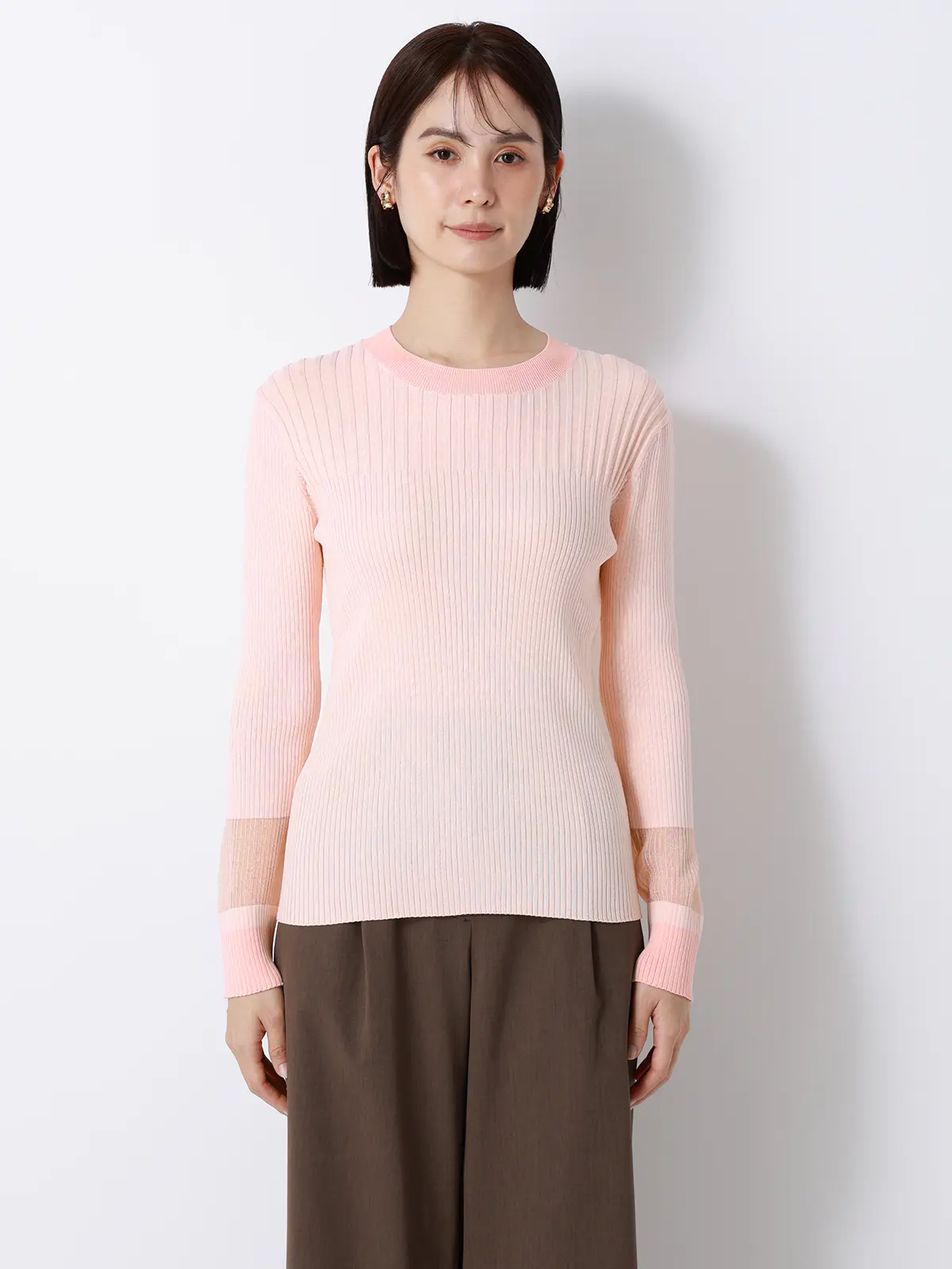 CHANTOWA／配色リブニット／長袖／ハンドウォッシュ／ドライレーヨン／無地 ピンク F