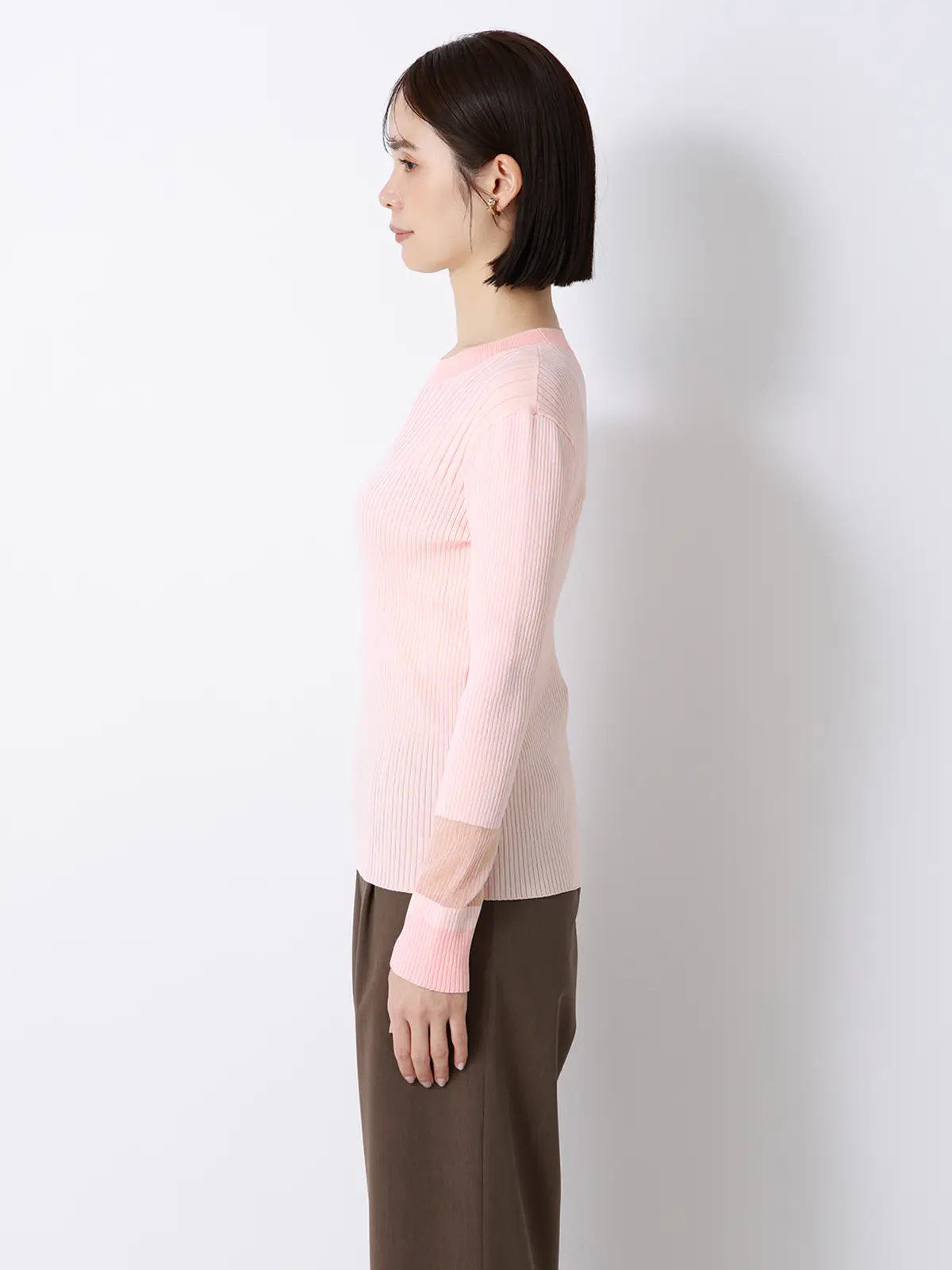 CHANTOWA／配色リブニット／長袖／ハンドウォッシュ／ドライレーヨン／無地 ピンク F