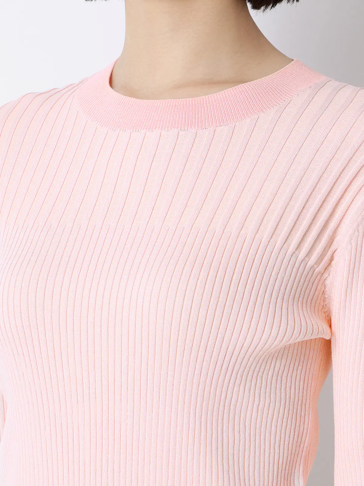 CHANTOWA／配色リブニット／長袖／ハンドウォッシュ／ドライレーヨン／無地 ピンク F