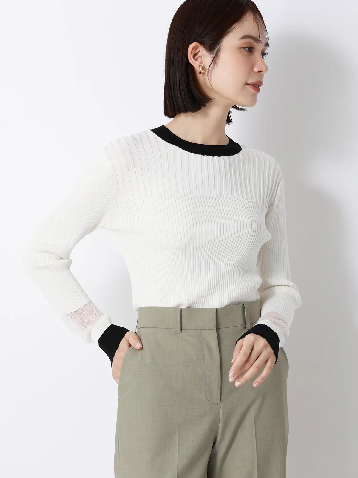 CHANTOWA/配色リブニット/長袖/ハンドウォッシュ/ドライレーヨン/無地 ホワイト F