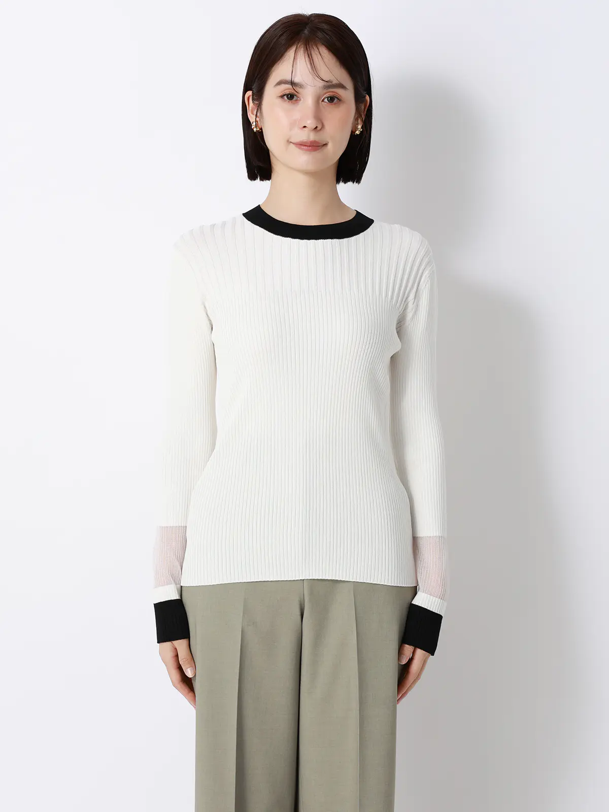 CHANTOWA/配色リブニット/長袖/ハンドウォッシュ/ドライレーヨン/無地 ホワイト F