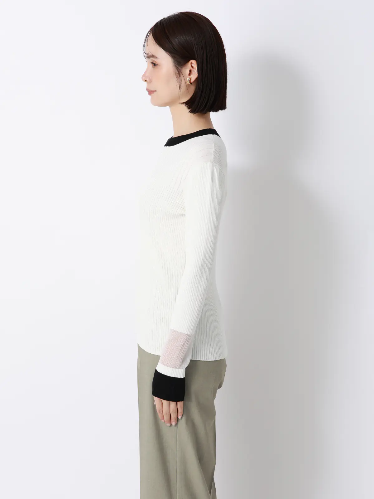 CHANTOWA/配色リブニット/長袖/ハンドウォッシュ/ドライレーヨン/無地 ホワイト F