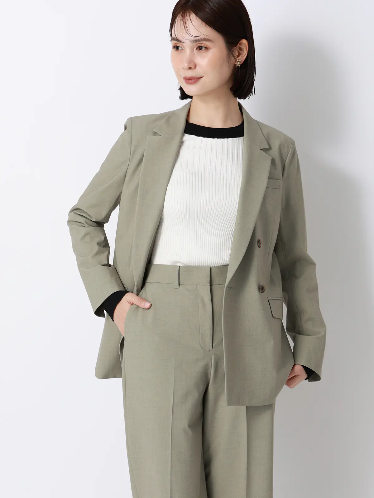 CHANTOWA/配色リブニット/長袖/ハンドウォッシュ/ドライレーヨン/無地 ホワイト F