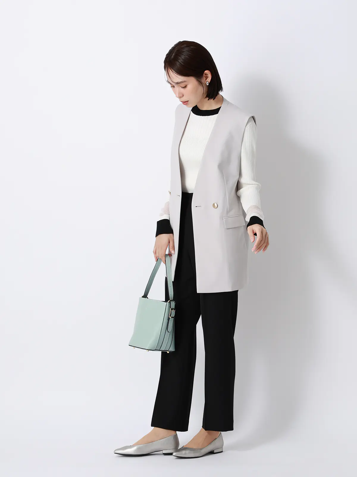 CHANTOWA/配色リブニット/長袖/ハンドウォッシュ/ドライレーヨン/無地 ホワイト F