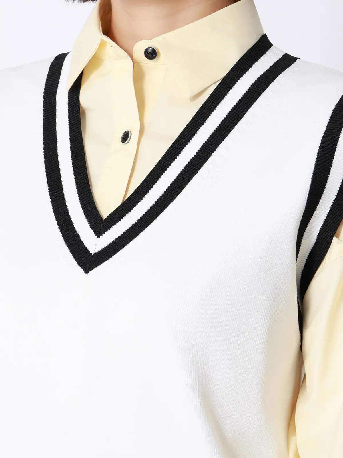 CHANTOWA／バイカラーVネックニットベスト／ハンドウォッシュ ホワイト F