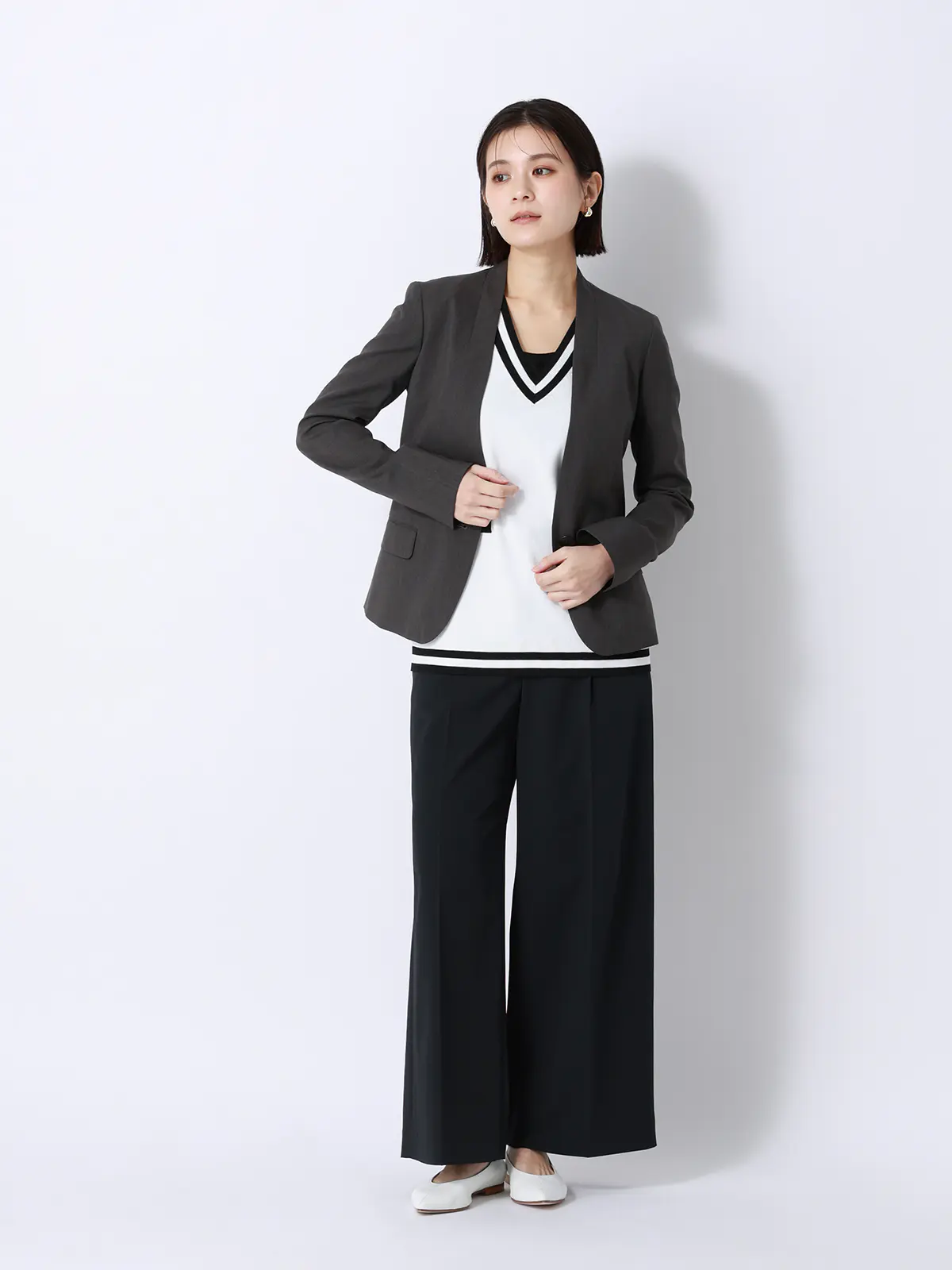 CHANTOWA／バイカラーVネックニットベスト／ハンドウォッシュ ホワイト F