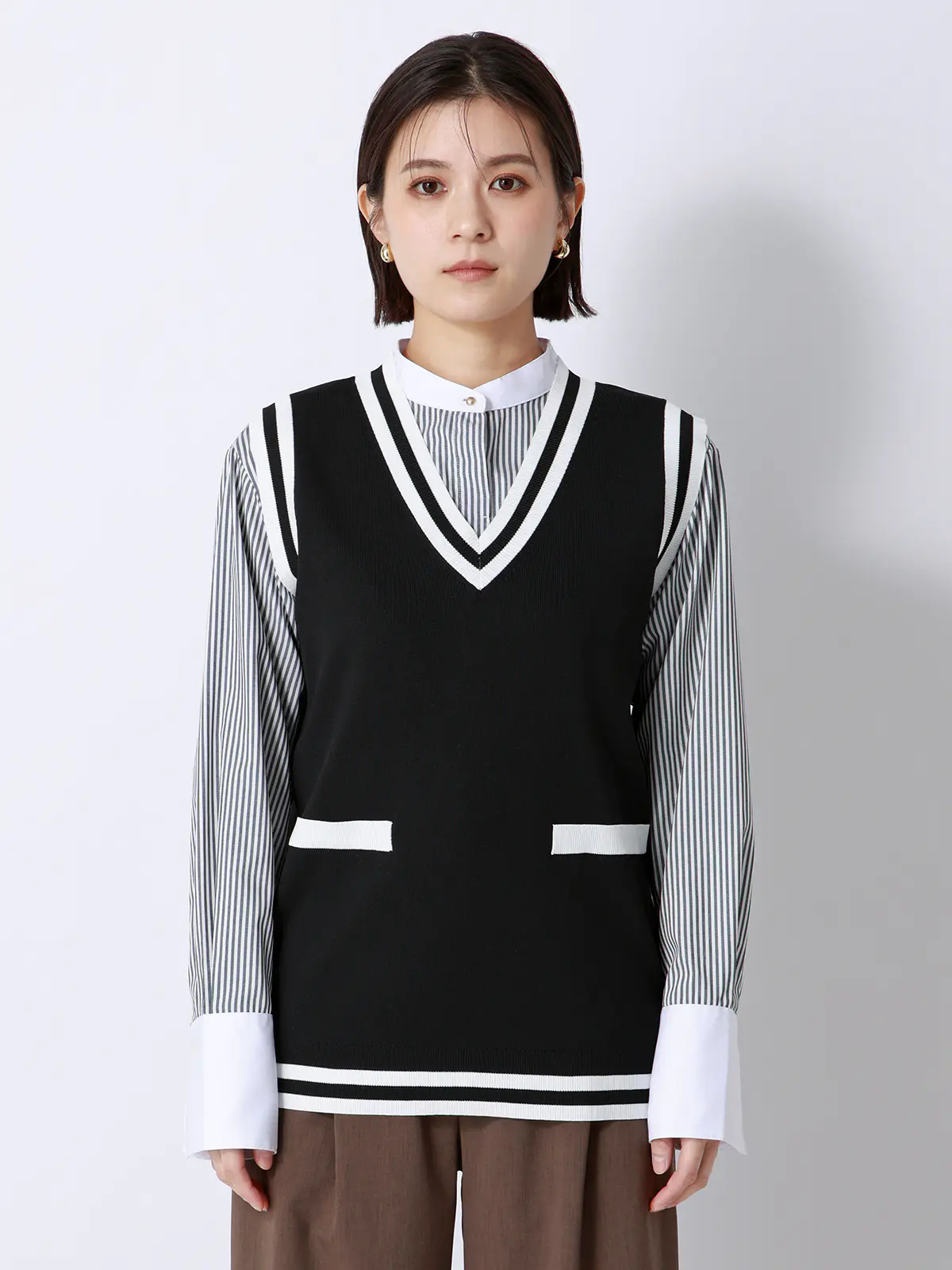 CHANTOWA／バイカラーVネックニットベスト／ハンドウォッシュ ブラック F