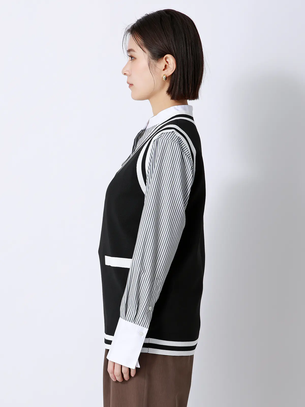 CHANTOWA／バイカラーVネックニットベスト／ハンドウォッシュ ブラック F