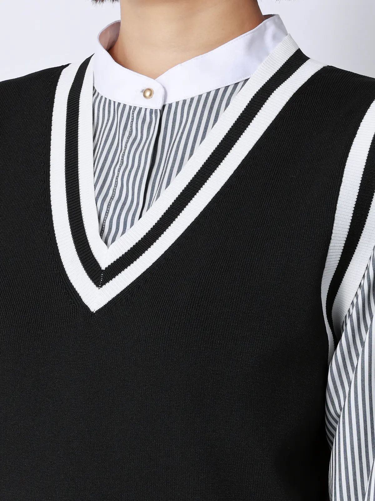 CHANTOWA／バイカラーVネックニットベスト／ハンドウォッシュ ブラック F