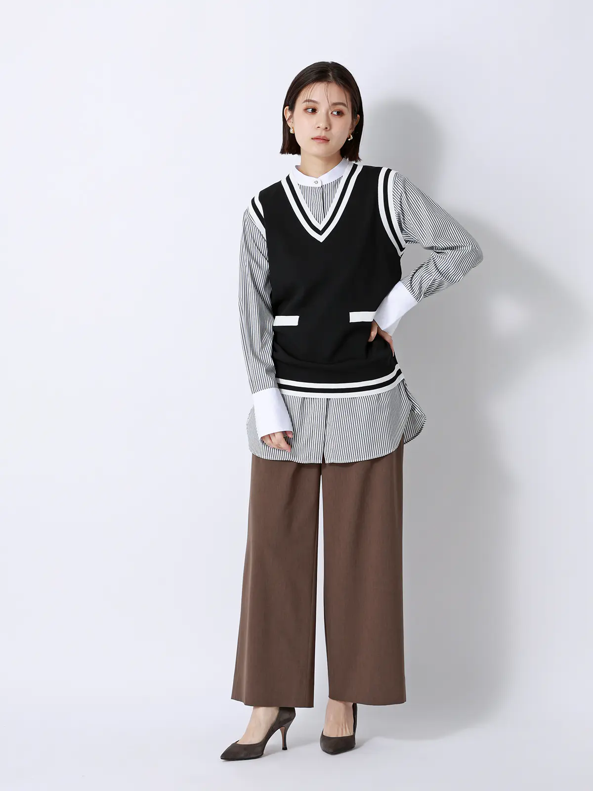 CHANTOWA／バイカラーVネックニットベスト／ハンドウォッシュ ブラック F