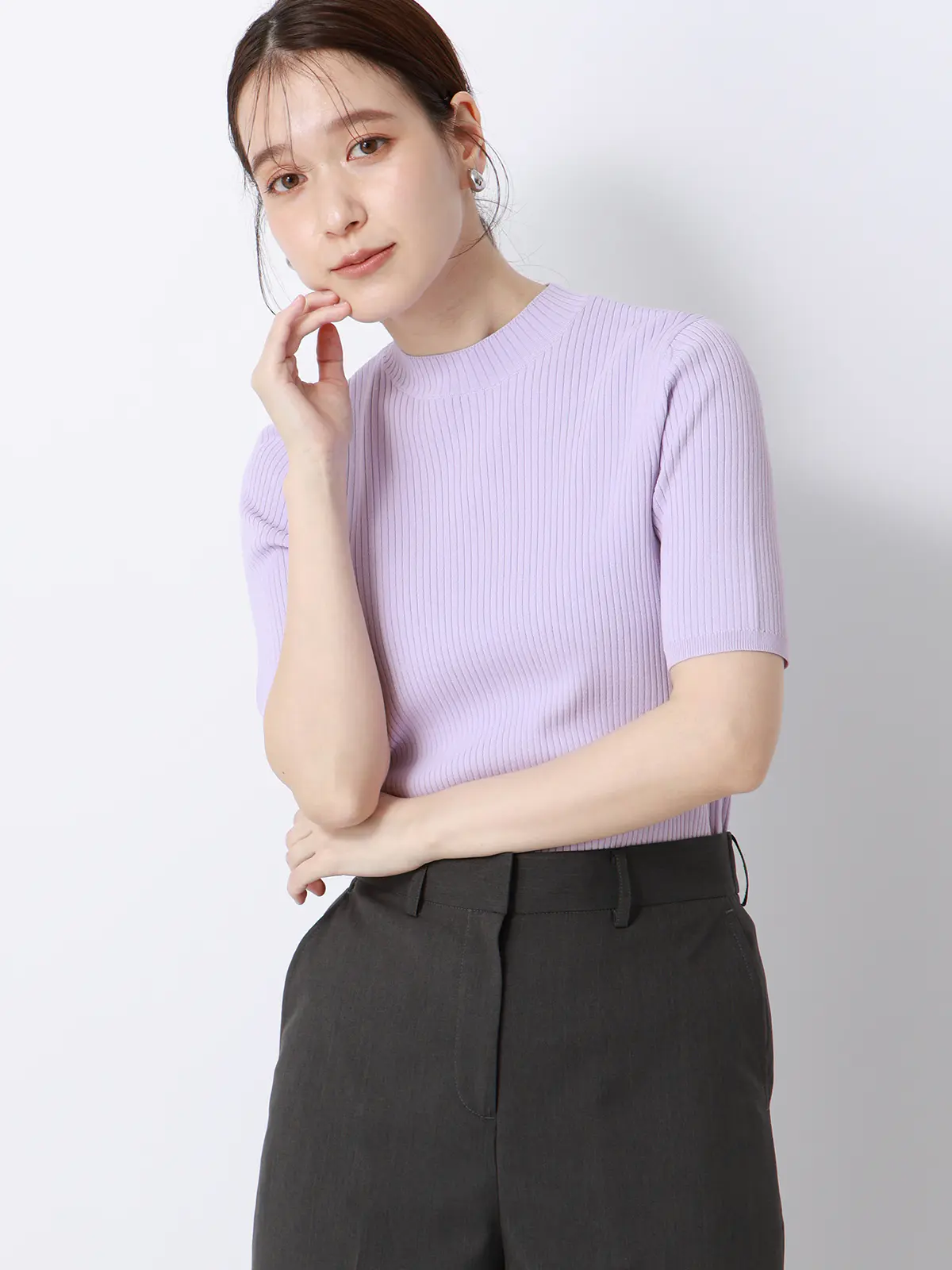 ハイネックリブニット/5分袖/ハンドウォッシュ/ドライレーヨン/無地 ラベンダー F