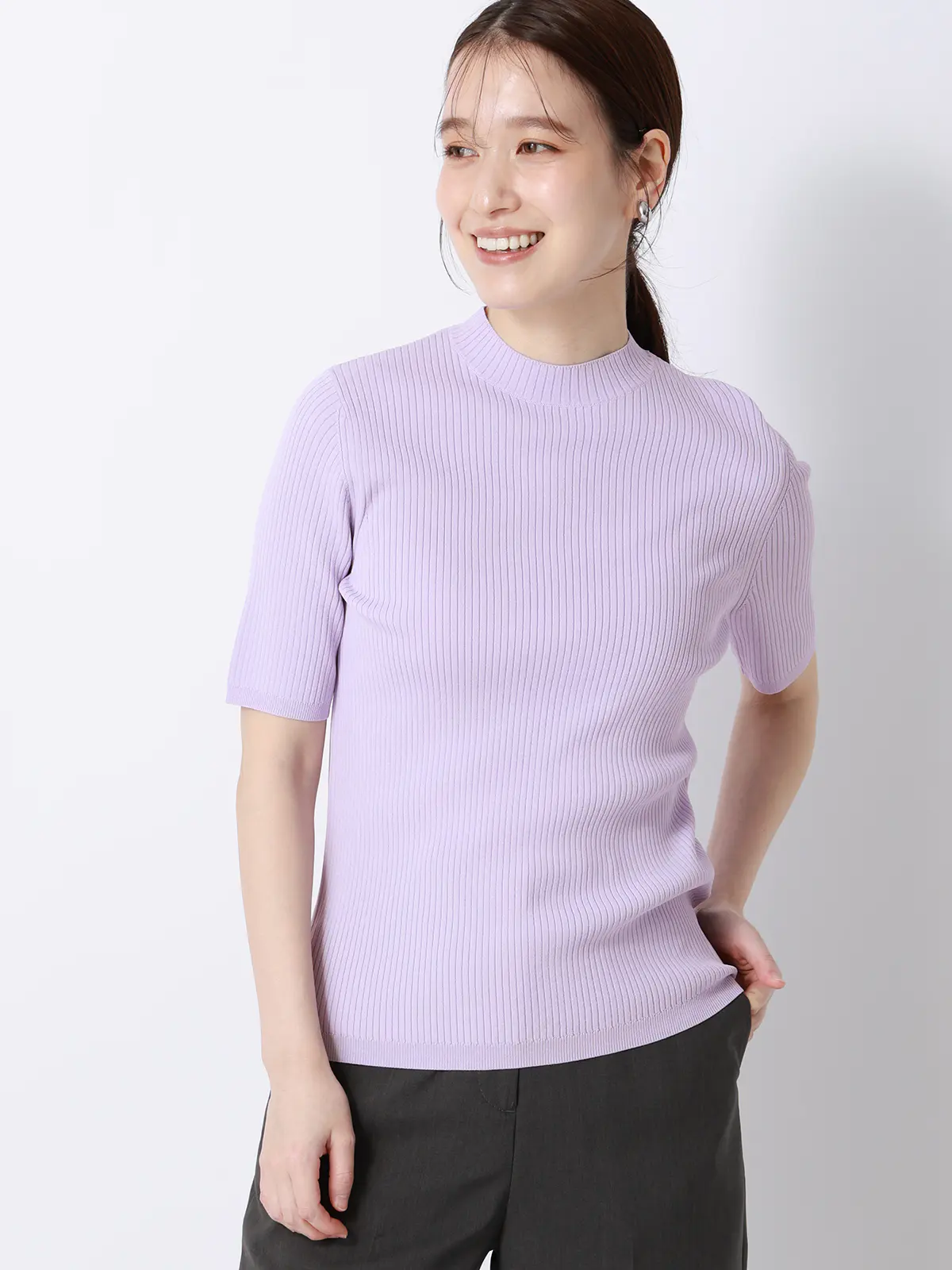 ハイネックリブニット/5分袖/ハンドウォッシュ/ドライレーヨン/無地 ラベンダー F