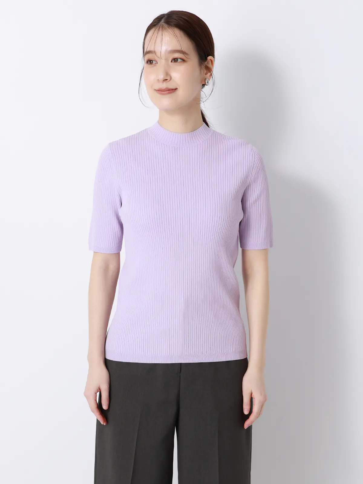 ハイネックリブニット/5分袖/ハンドウォッシュ/ドライレーヨン/無地 ラベンダー F