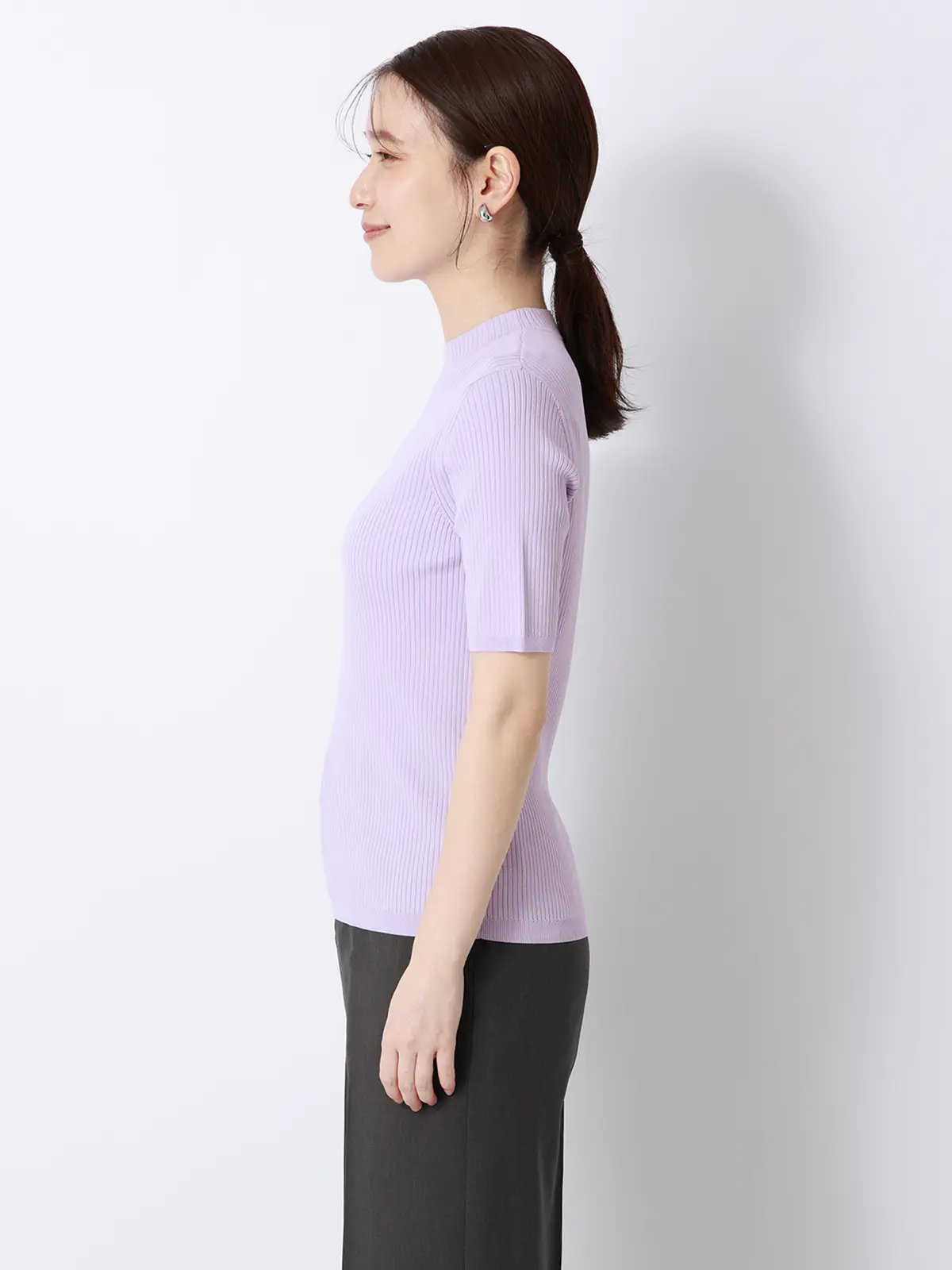 ハイネックリブニット/5分袖/ハンドウォッシュ/ドライレーヨン/無地 ラベンダー F