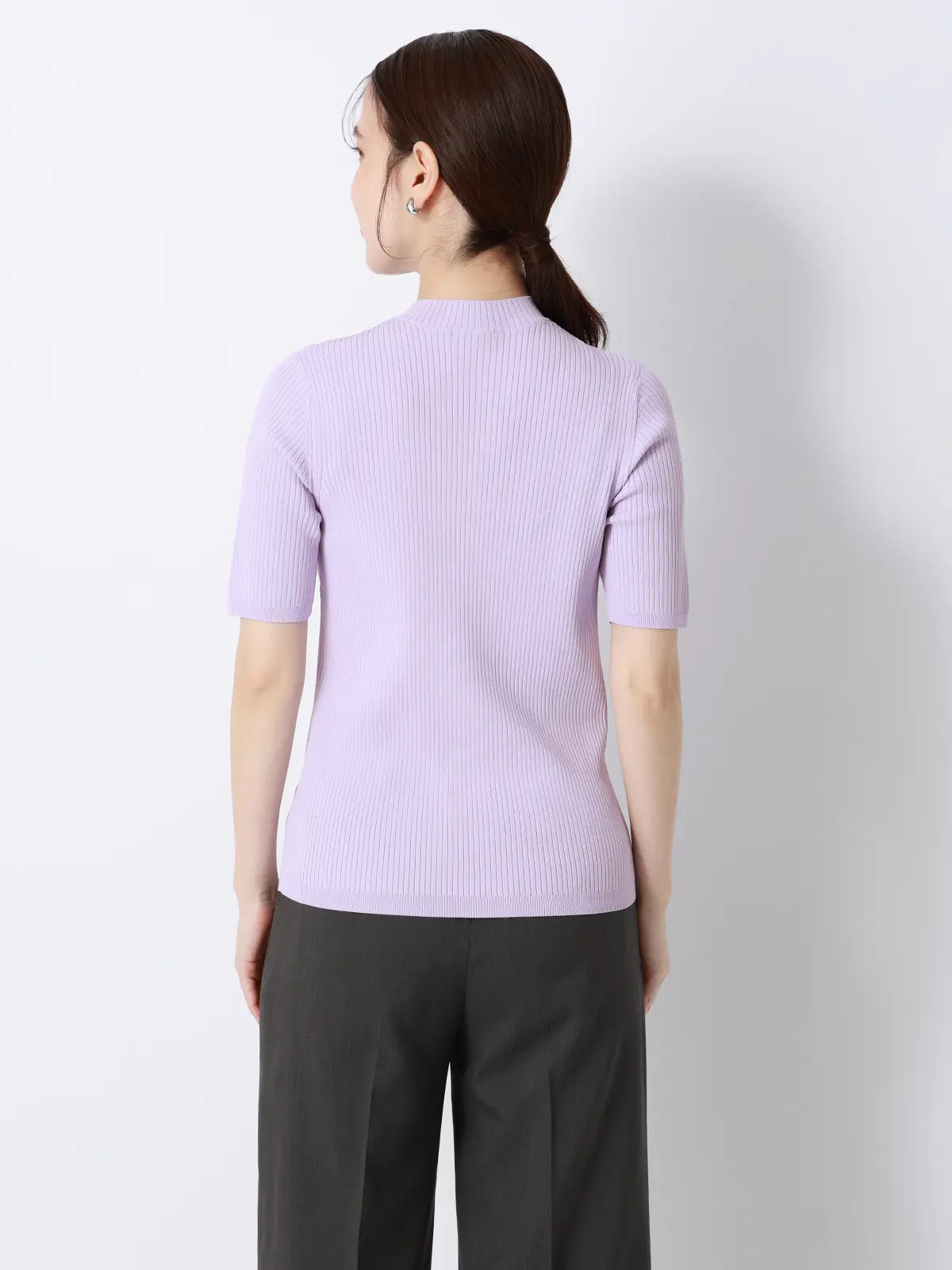 ハイネックリブニット/5分袖/ハンドウォッシュ/ドライレーヨン/無地 ラベンダー F