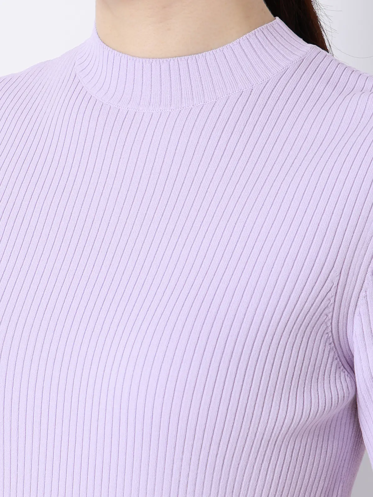 ハイネックリブニット/5分袖/ハンドウォッシュ/ドライレーヨン/無地 ラベンダー F