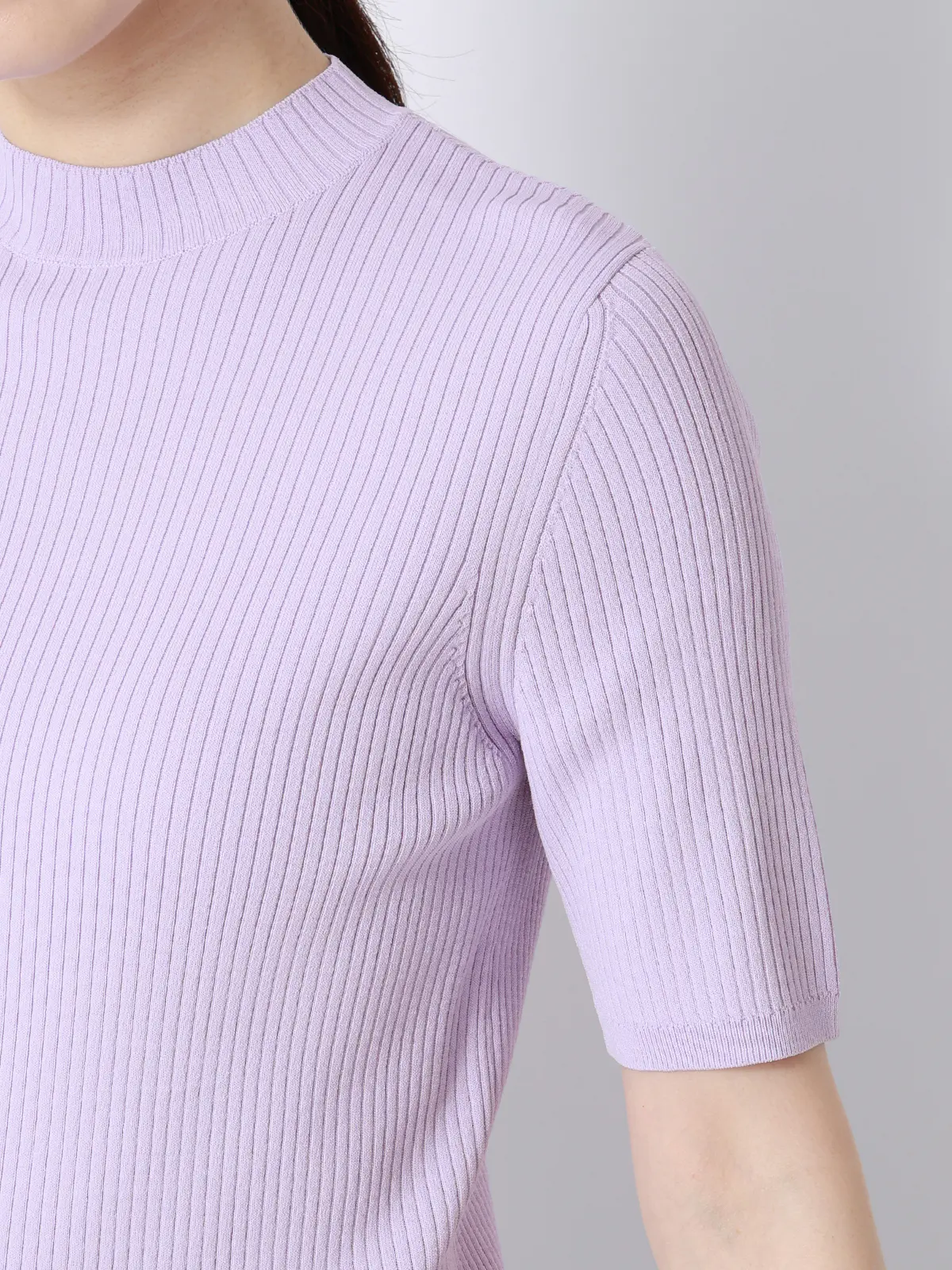 ハイネックリブニット/5分袖/ハンドウォッシュ/ドライレーヨン/無地 ラベンダー F