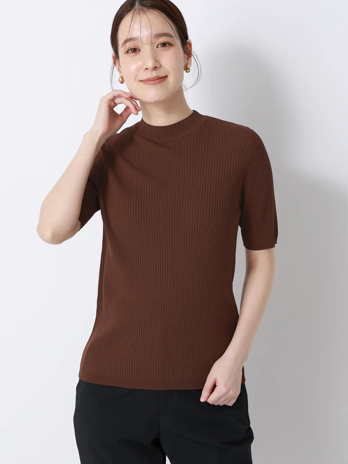 ハイネックリブニット／5分袖／ハンドウォッシュ／ドライレーヨン／無地 ブラウン F