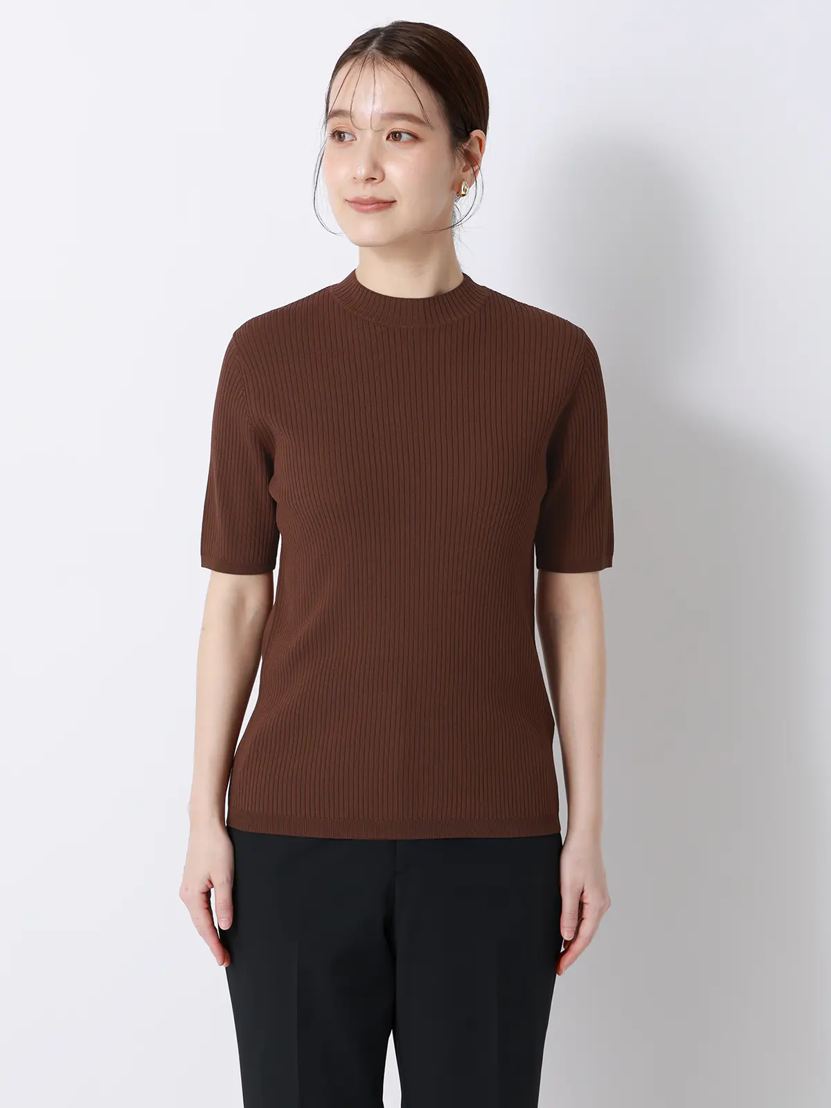 ハイネックリブニット／5分袖／ハンドウォッシュ／ドライレーヨン／無地 ブラウン F