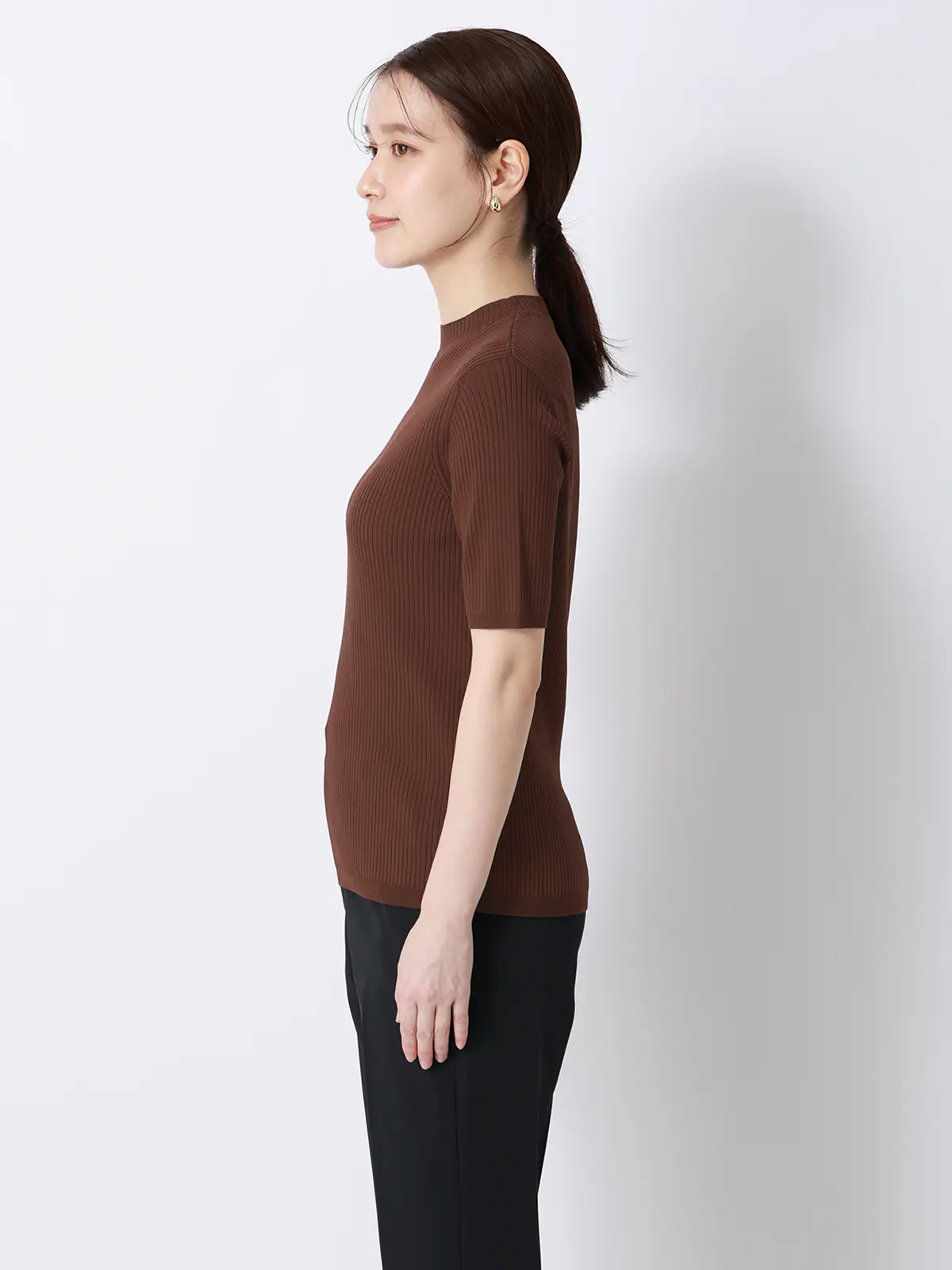 ハイネックリブニット／5分袖／ハンドウォッシュ／ドライレーヨン／無地 ブラウン F