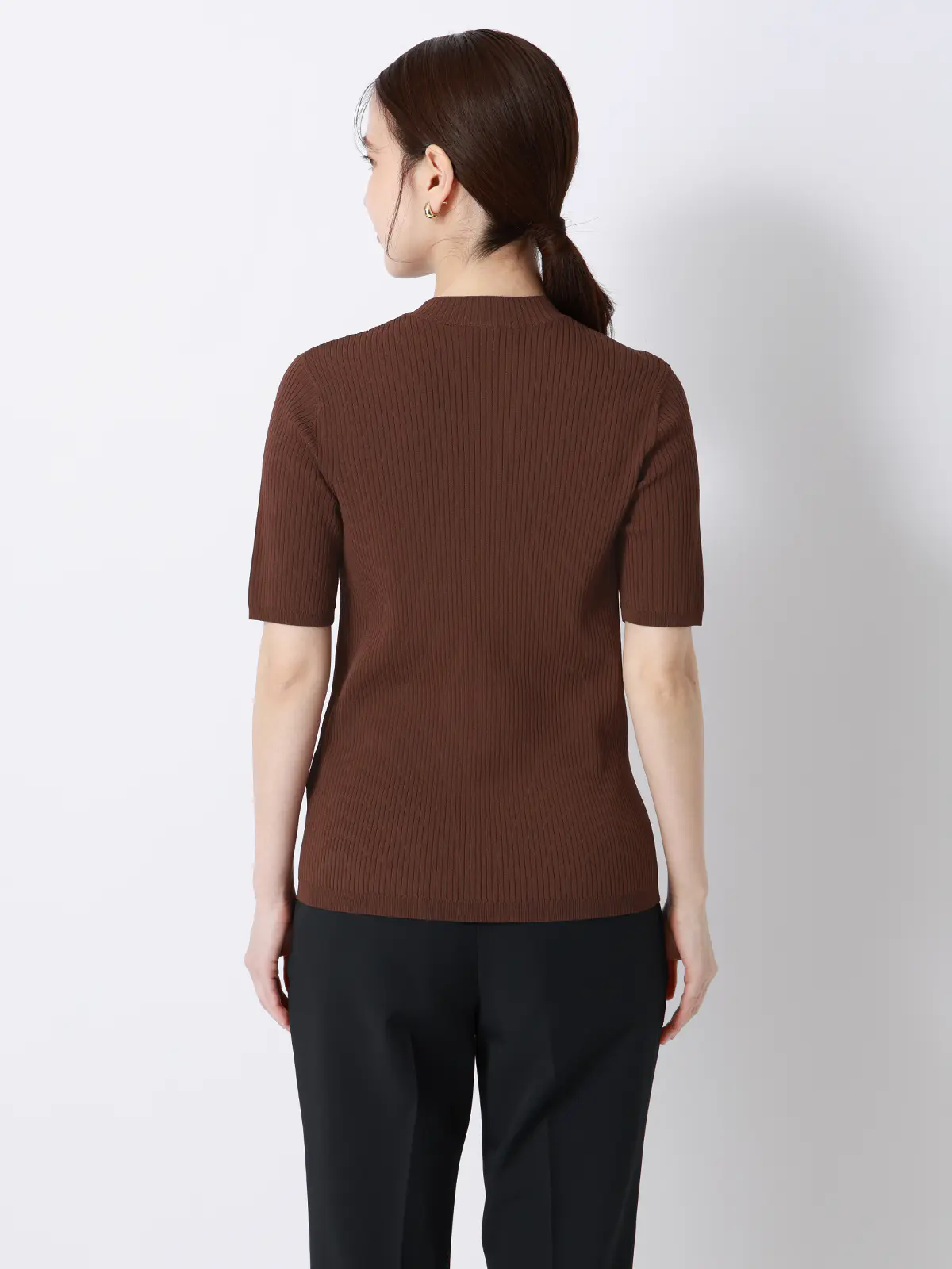 ハイネックリブニット／5分袖／ハンドウォッシュ／ドライレーヨン／無地 ブラウン F