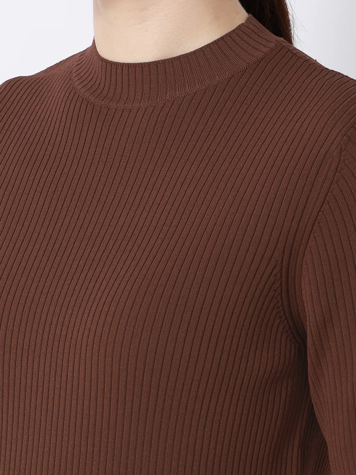 ハイネックリブニット／5分袖／ハンドウォッシュ／ドライレーヨン／無地 ブラウン F