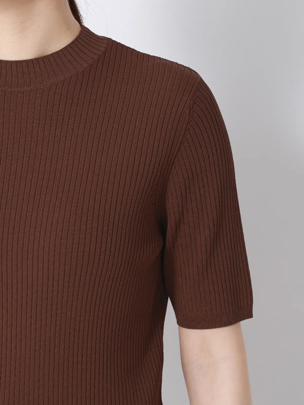 ハイネックリブニット／5分袖／ハンドウォッシュ／ドライレーヨン／無地 ブラウン F