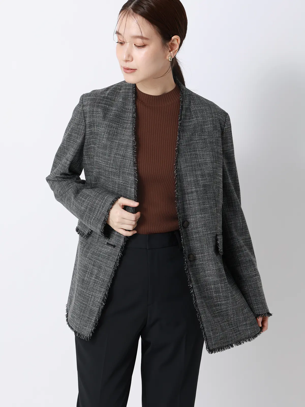 ハイネックリブニット／5分袖／ハンドウォッシュ／ドライレーヨン／無地 ブラウン F