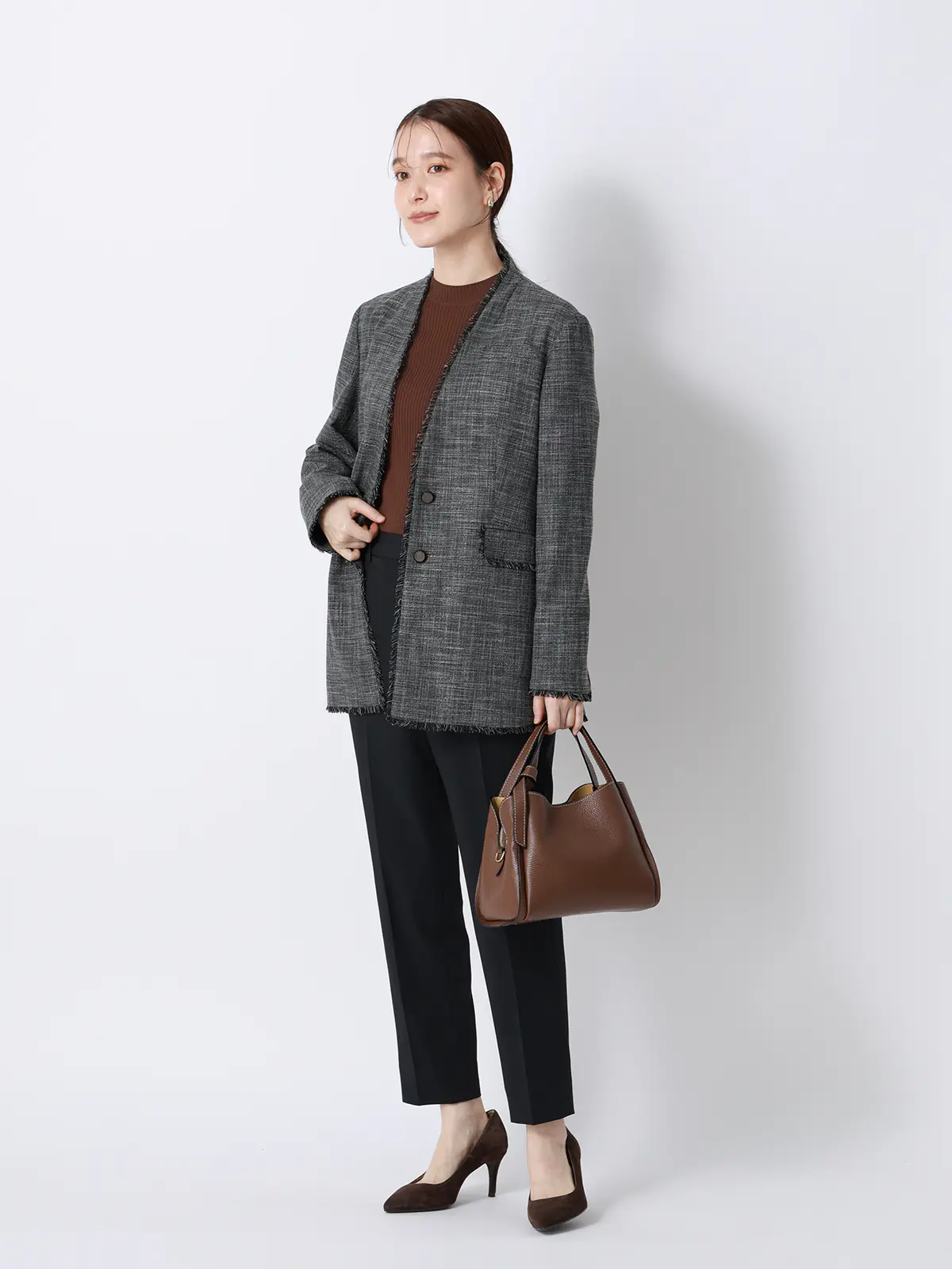 ハイネックリブニット／5分袖／ハンドウォッシュ／ドライレーヨン／無地 ブラウン F