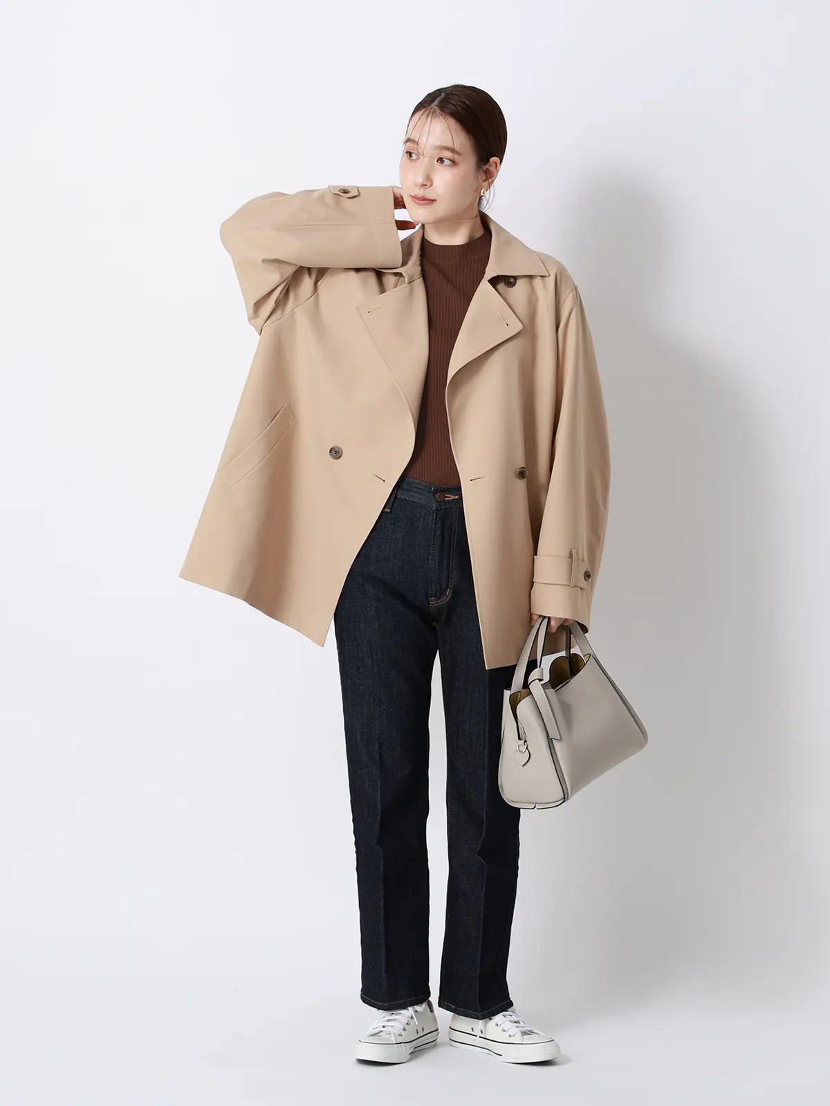 ハイネックリブニット／5分袖／ハンドウォッシュ／ドライレーヨン／無地 ブラウン F