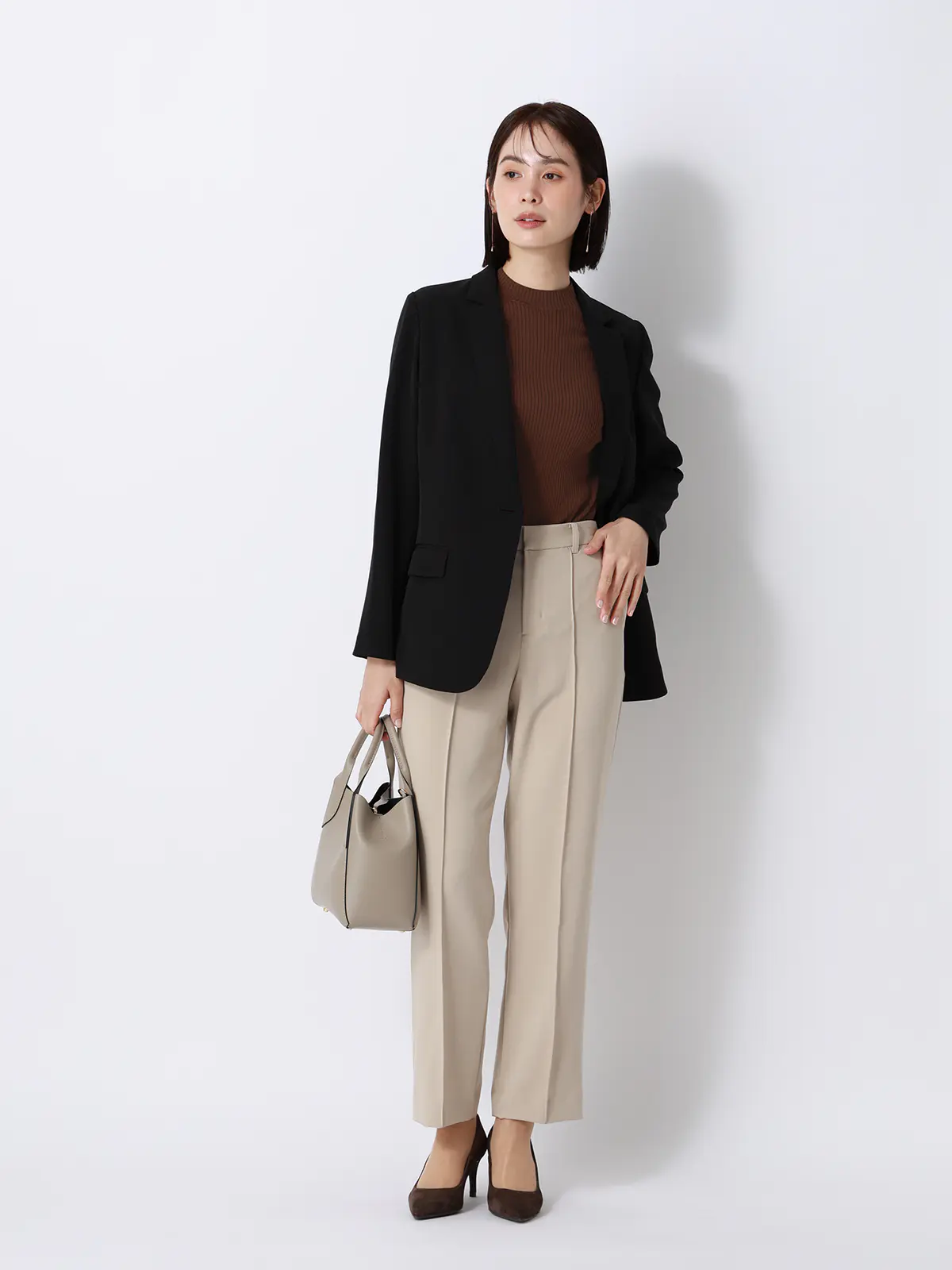 ハイネックリブニット／5分袖／ハンドウォッシュ／ドライレーヨン／無地 ブラウン F