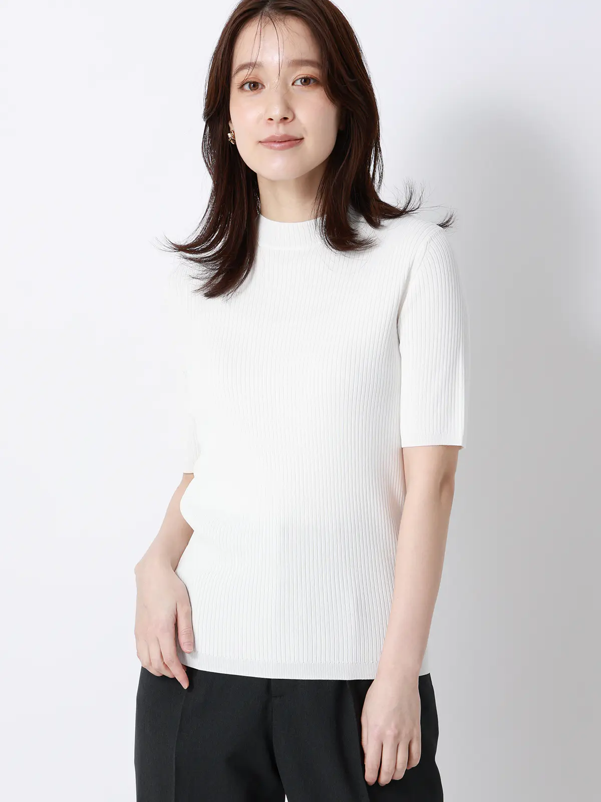 ハイネックリブニット/5分袖/ハンドウォッシュ/ドライレーヨン/無地 オフホワイト F