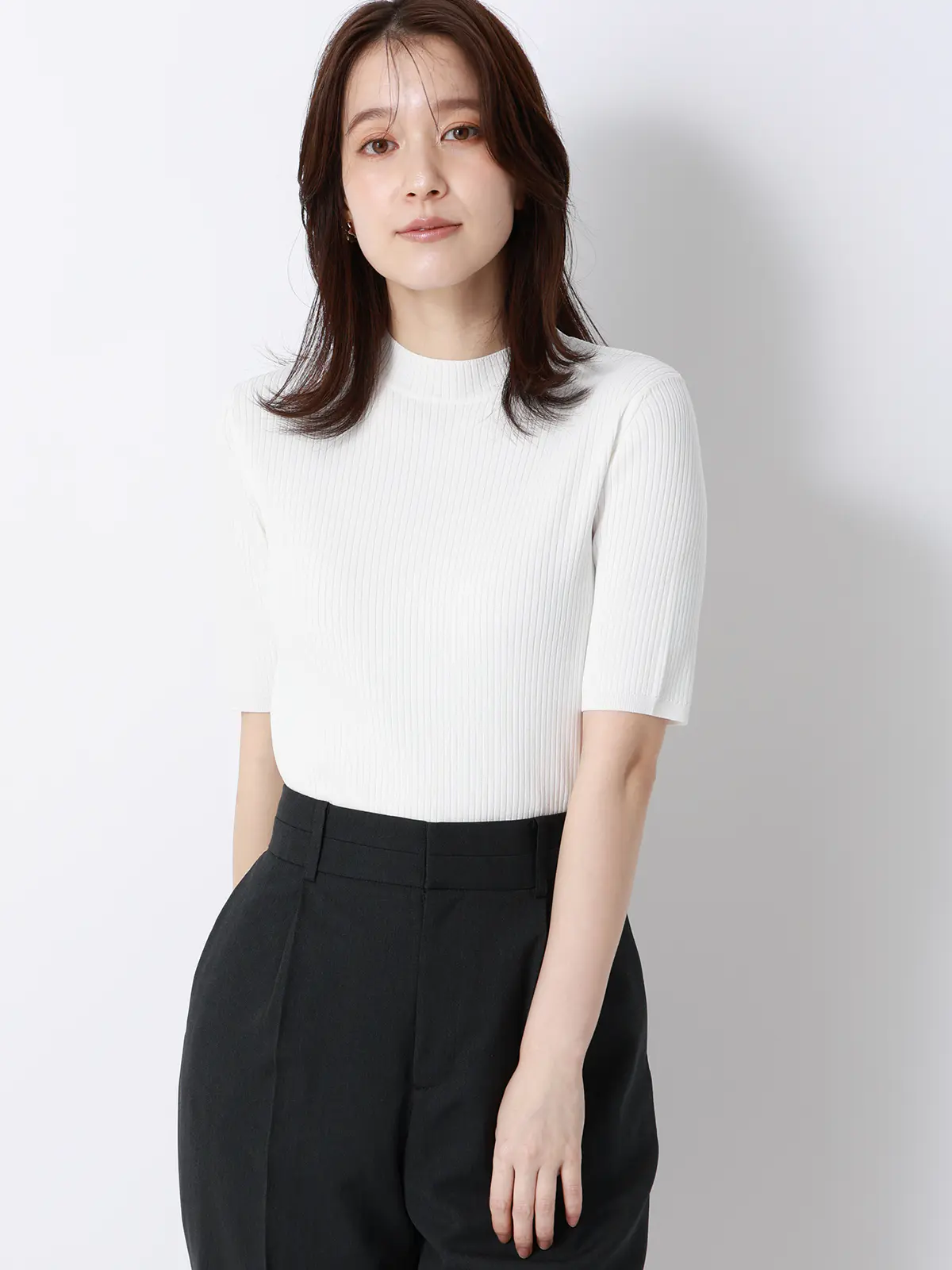 ハイネックリブニット/5分袖/ハンドウォッシュ/ドライレーヨン/無地 オフホワイト F